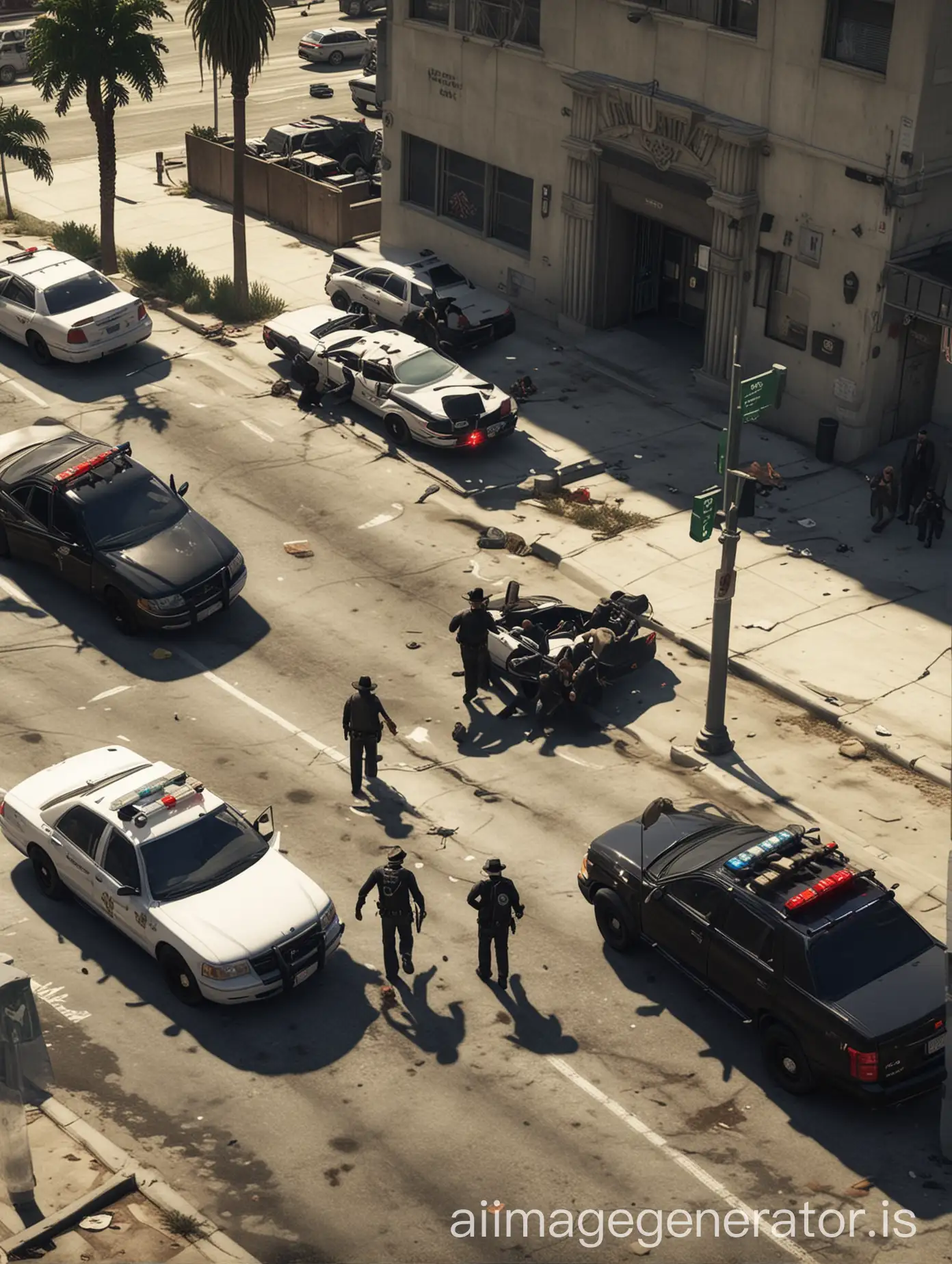 Image of a sheriff in black negotiating with robbers in a central Los Angeles bank heist GTA V style, with patrol cars around and hostages next to the robbers