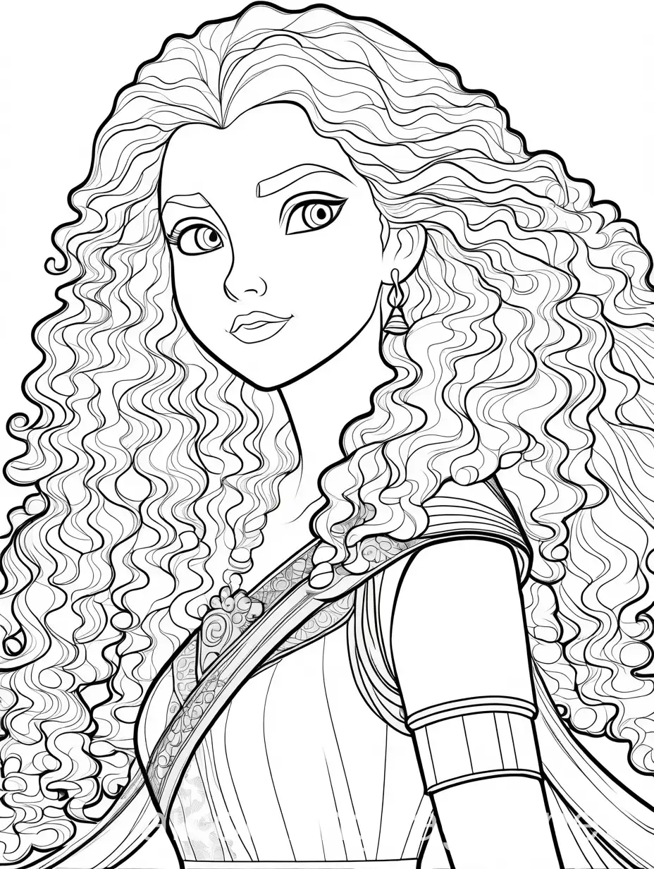 Merida from Brave movie uncolored drawing for kids coloring book, Coloring Page, black and white, line art, white background, Simplicity, Ample White Space. The background of the coloring page is plain white to make it easy for young children to color within the lines. The outlines of all the subjects are easy to distinguish, making it simple for kids to color without too much difficulty