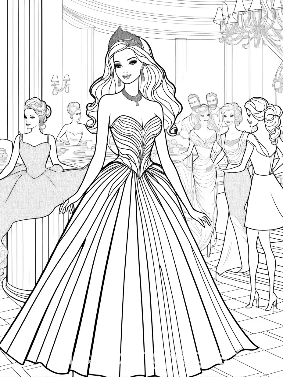 BARBIE AT A PARTY

, Coloring Page, black and white, line art, white background, Simplicity, Ample White Space. The background of the coloring page is plain white to make it easy for young children to color within the lines. The outlines of all the subjects are easy to distinguish, making it simple for kids to color without too much difficulty