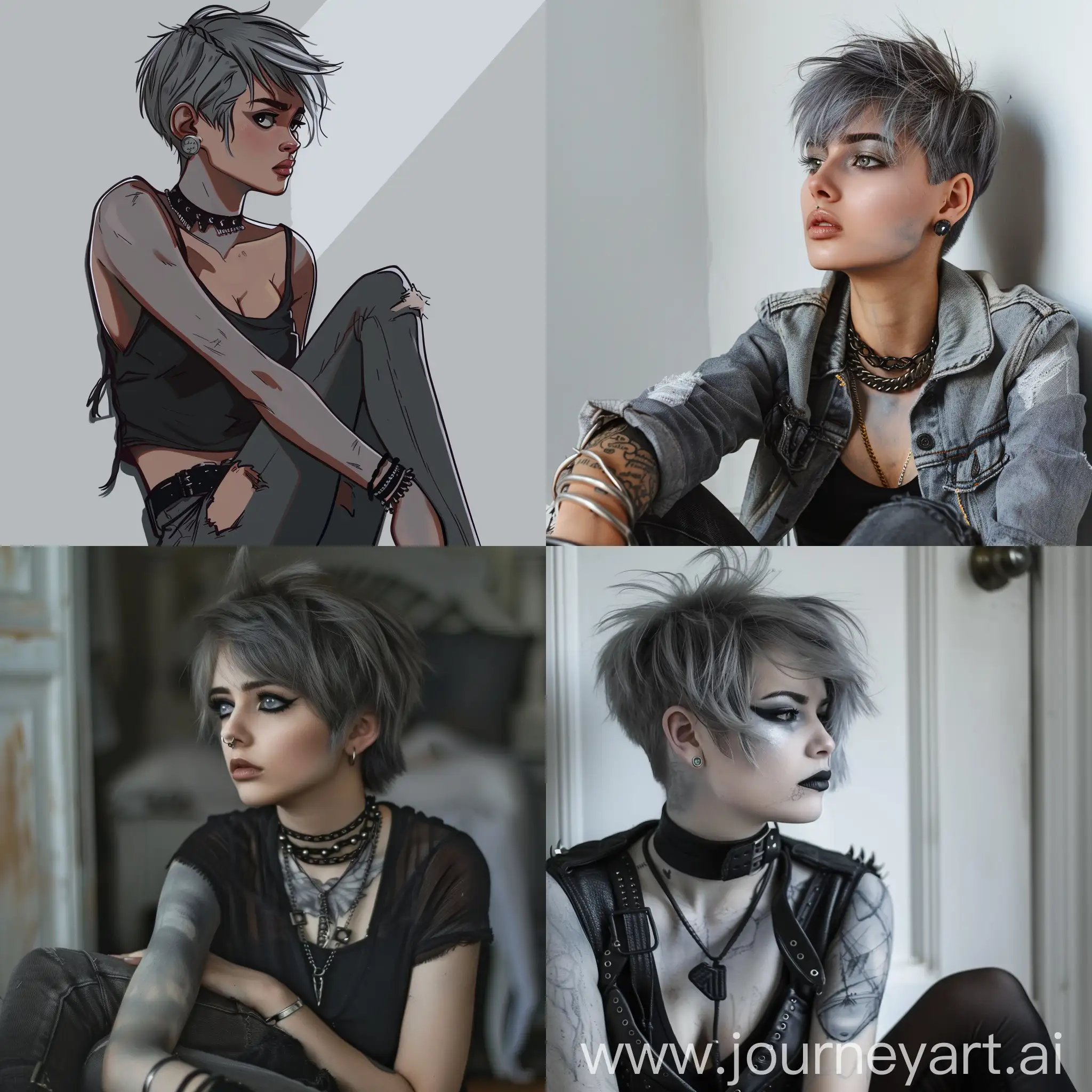  Punk girl with short gray hair and gray skin sits aside and wonders