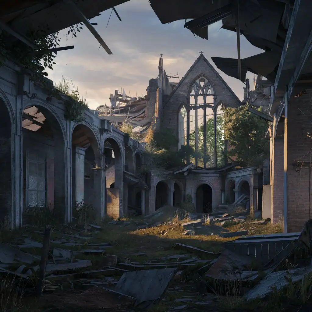 the last of us, The First Congregational Church of Hyde Park, Boston, destroyed, ruines, growing vegetation, day time, no people