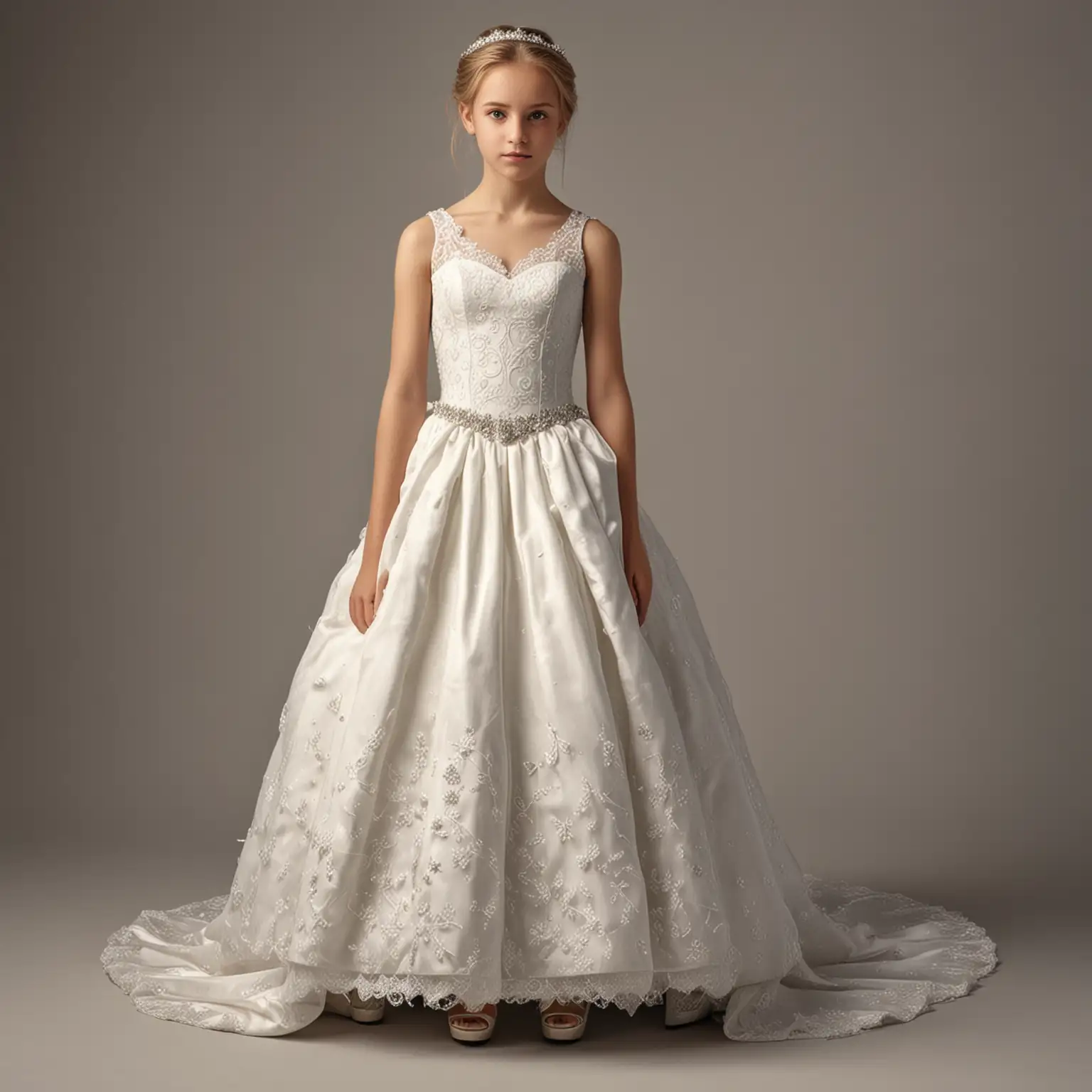 hyperrealistic image. full length shot of a pretty 14 year old girl in wedding dress, wearing nice shoes. 