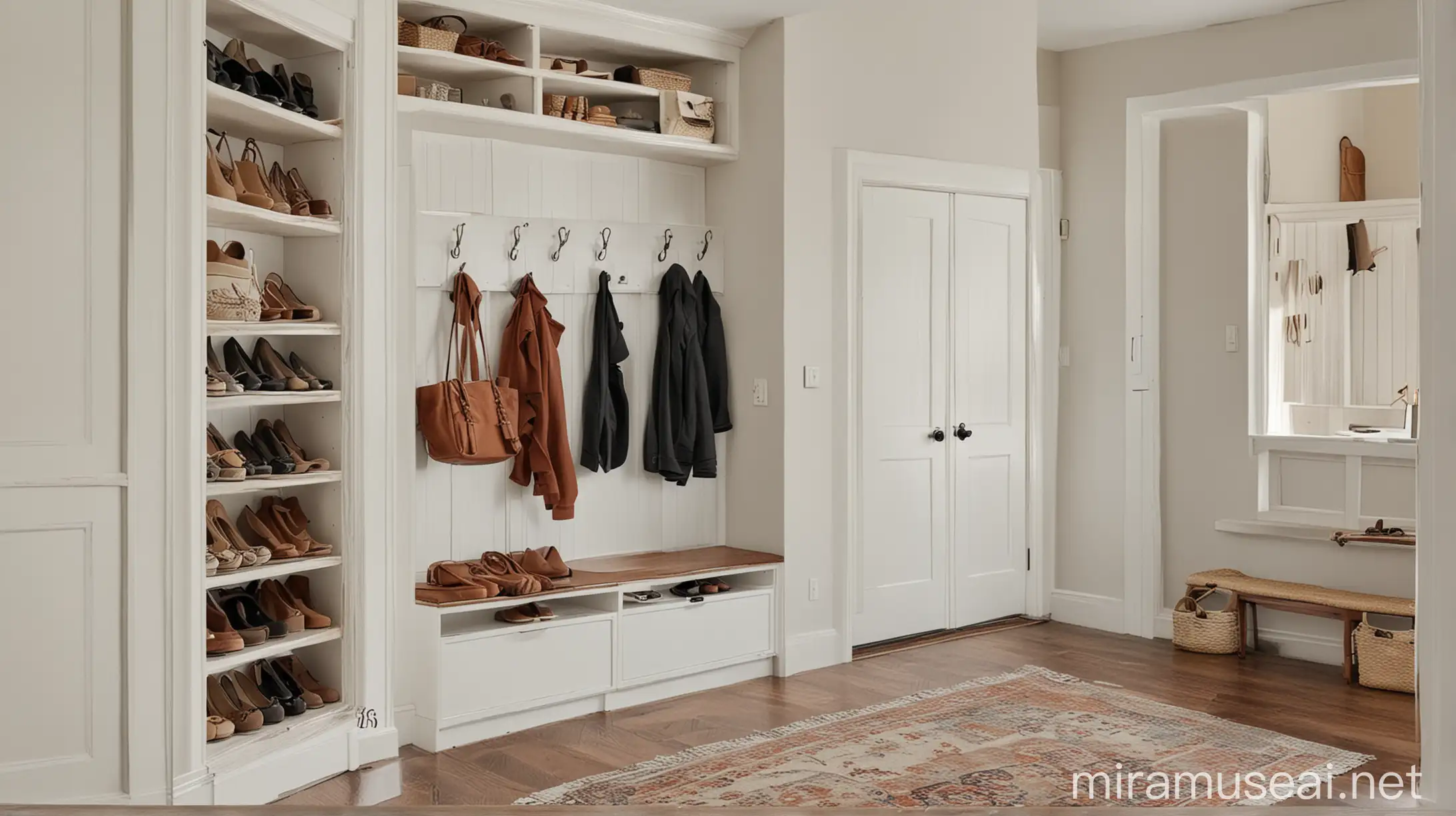 A functional entryway with built-in storage for shoes, coats, and bags.