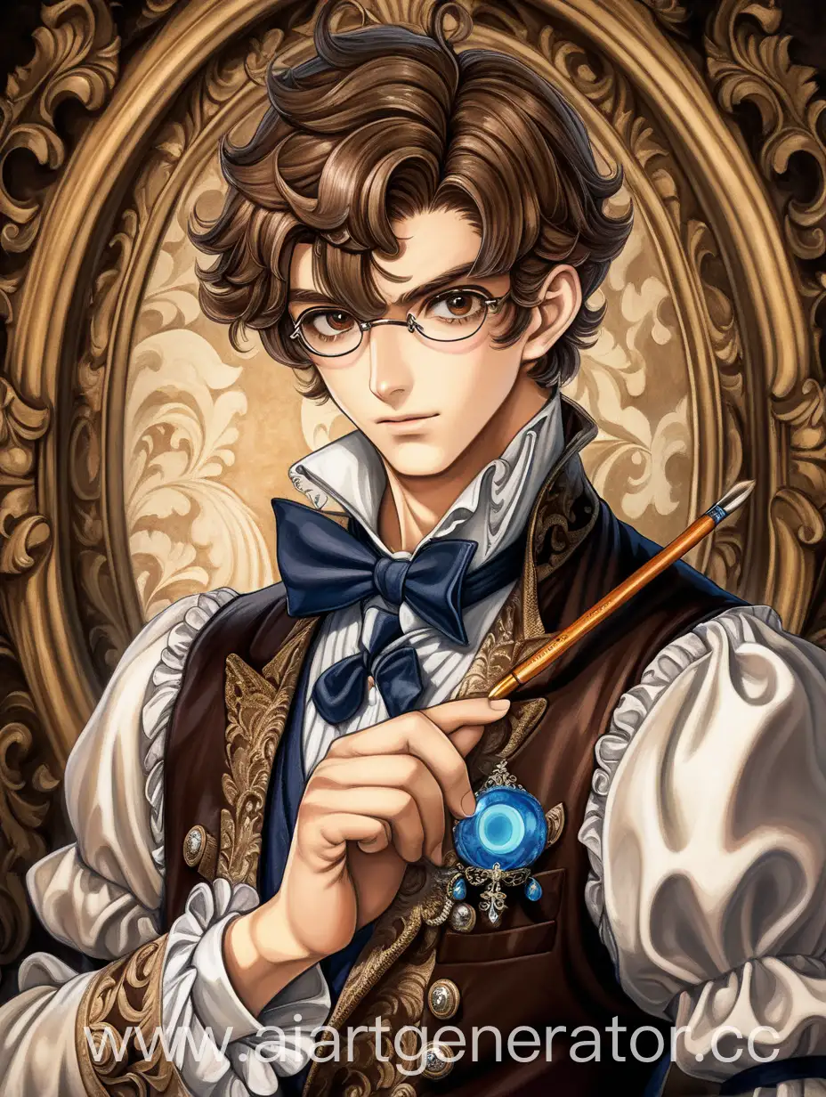 a gentleman with a monocle, a brush in his hands, brown hair, looks at the viewer, in a costume, anime style, baroque background