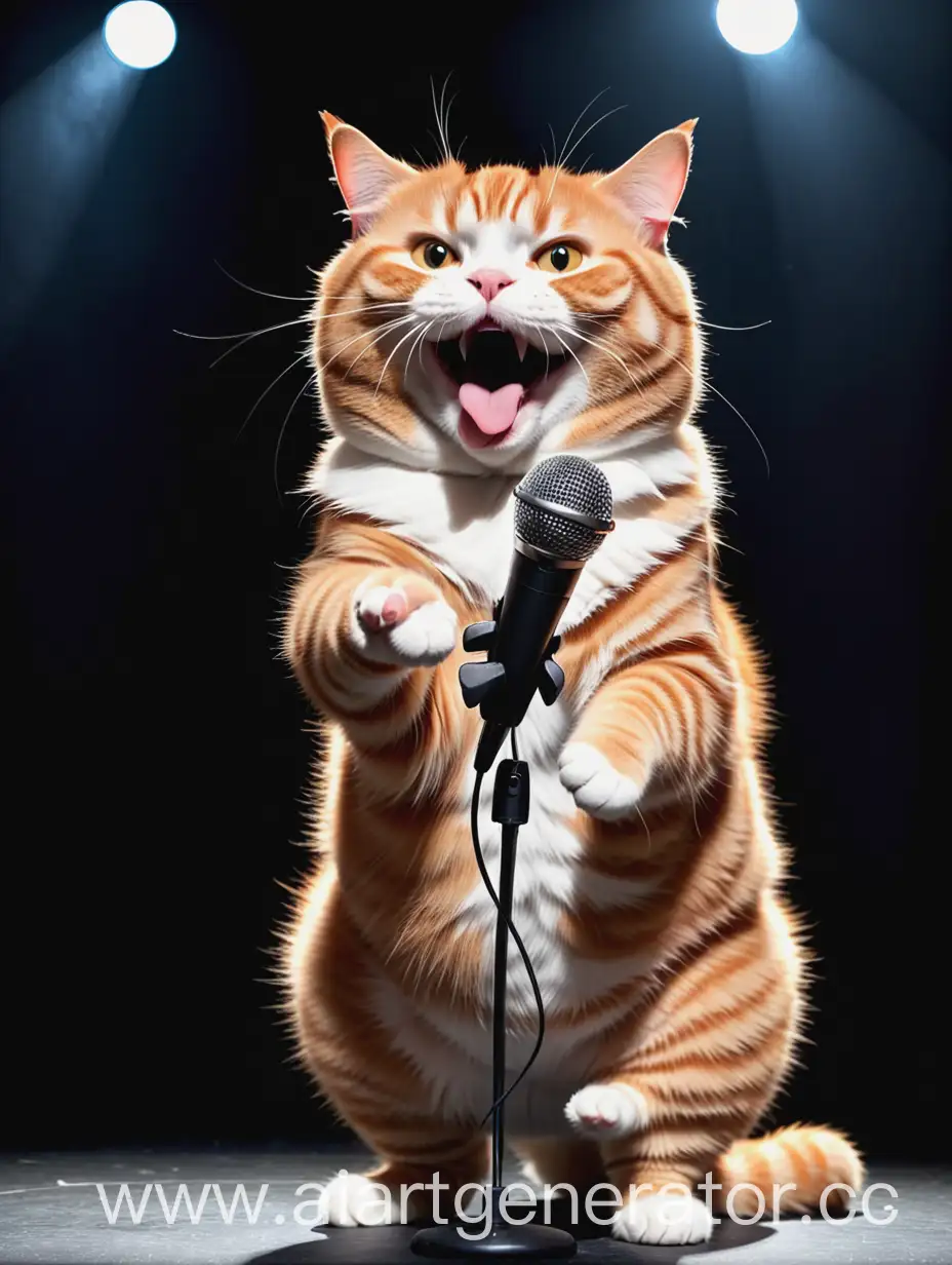 Толстый рыжий кот сиди на сцене и поёт, в лапке микрофон , задние лапки свисают , тёмный фон