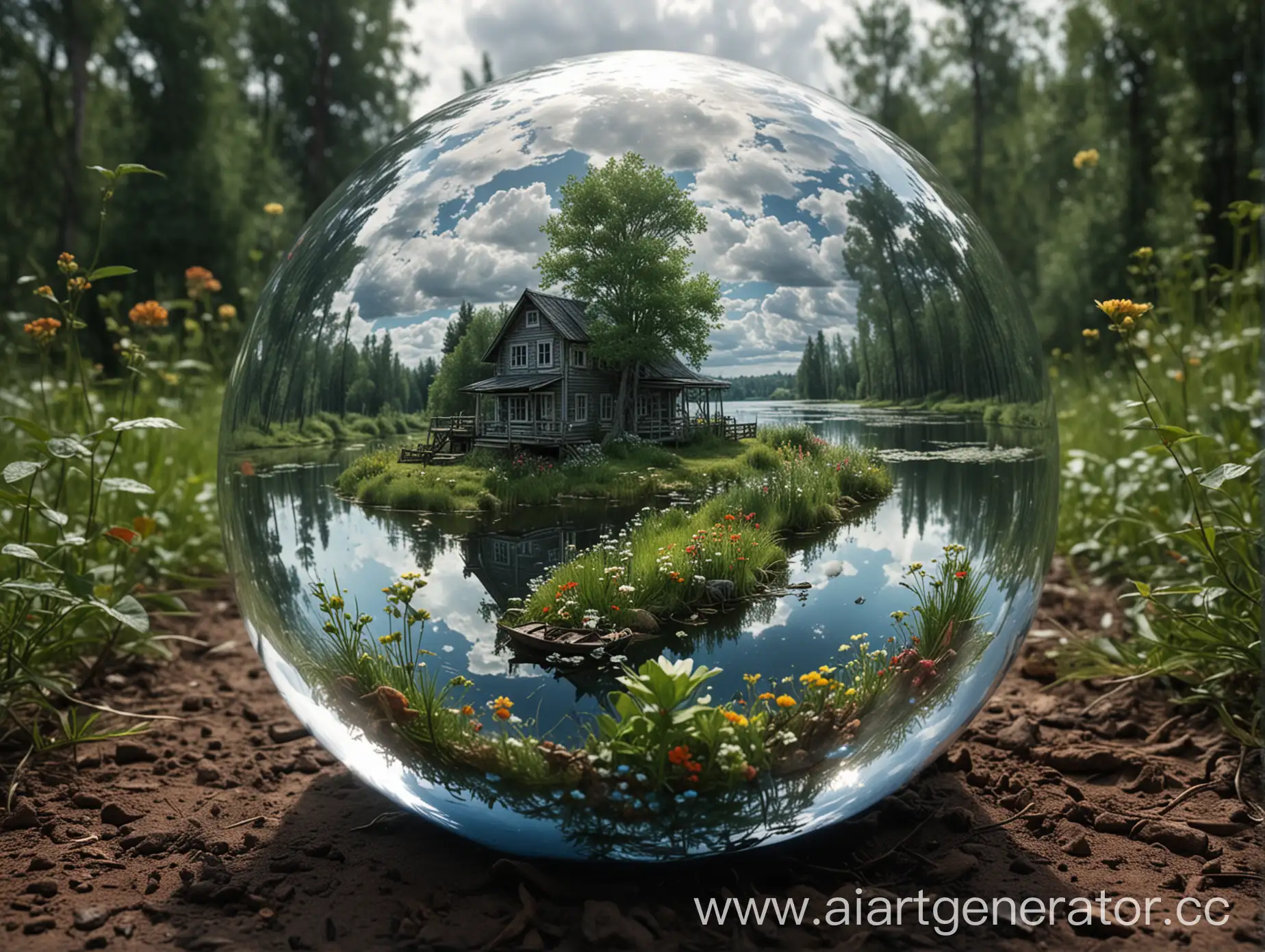 Vibrant-Watercolor-Painting-of-Glass-Ball-Ecosystem-with-Russian-House-and-Technogenic-Disasters