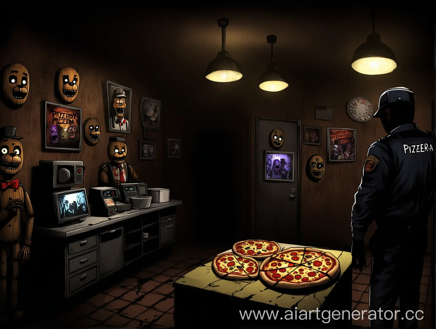 Create an illustration inspired by the song "Welcome to Freddy's," capturing the eerie and intense atmosphere of Five Nights at Freddy's. The scene should depict a new security guard in a haunted pizzeria, surrounded by animatronics that come to life at night. The background should be dark and ominous, with shadows and flickering lights to emphasize the fear and tension. The guard monitoring security cameras, showing different parts of the haunted pizzeria. 