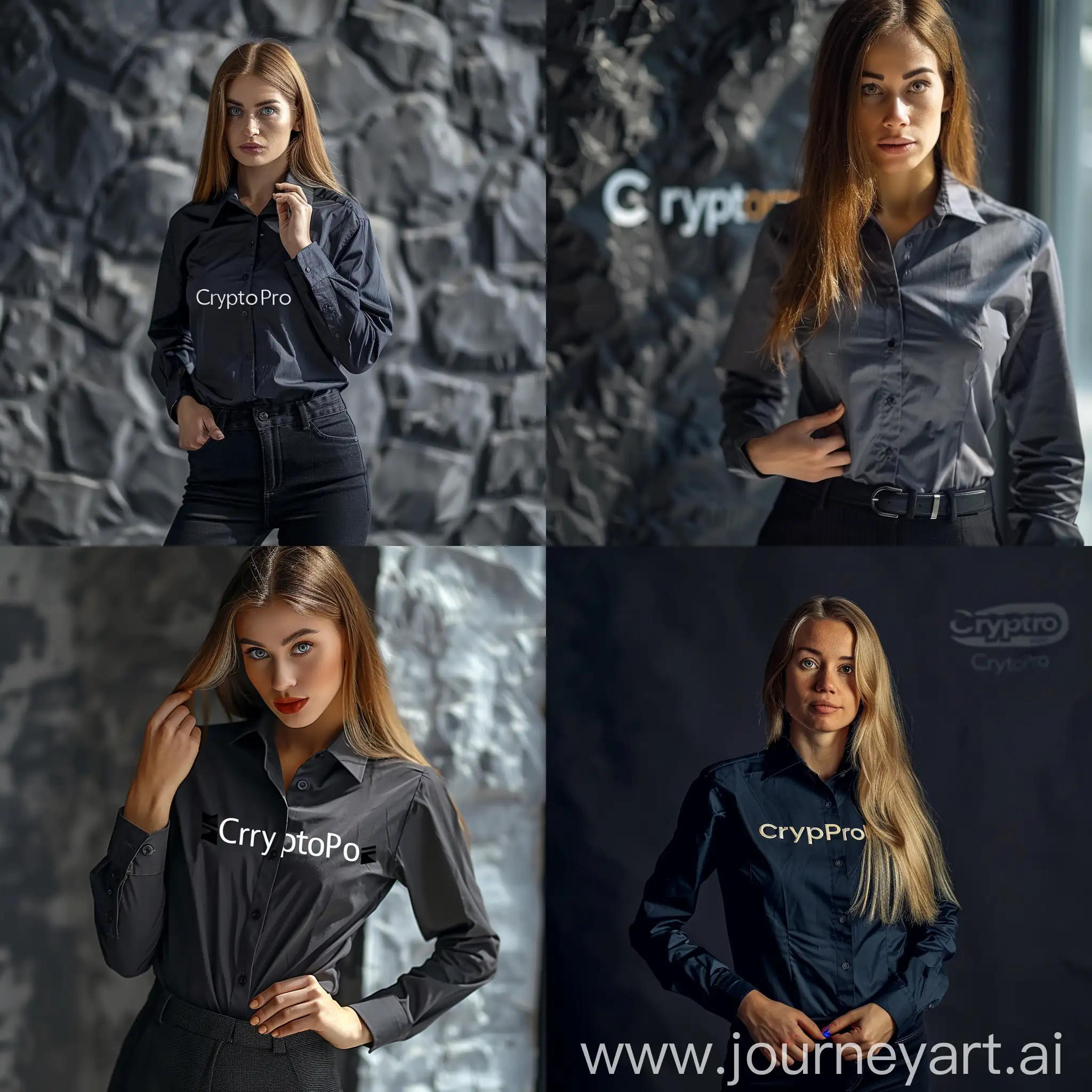 woman in a business shirt with the inscription “CryptoPro”