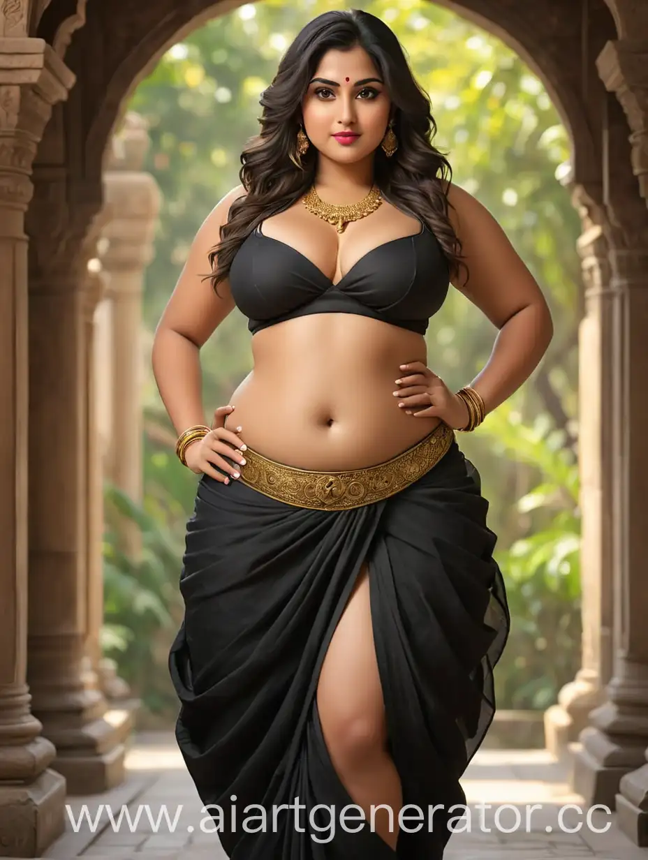 a voluptuous thick beautiful girl in a kanchuki and ultra low waist black dhoti, standing straight front of viewer, navel Goddess, big round very deep navel, perfect figure, perfect body shape, curvy hourglass figure, attractive feminine curves, realistic proportions sfw, gold snake band around her belly, beautiful curvy female, detailed body shape, widest hips, beautiful feet, high heels,