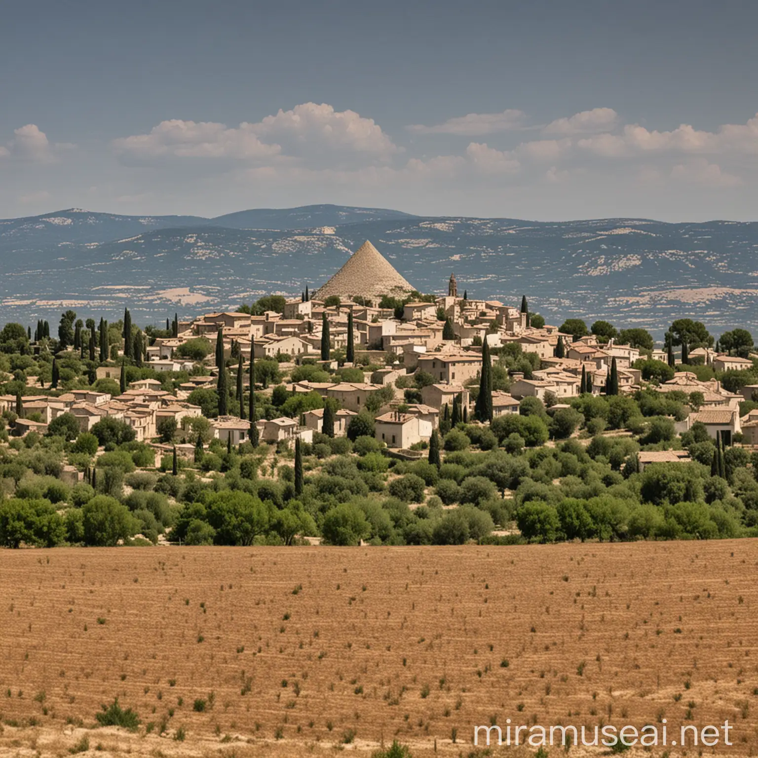 Photo paysage sur un village de Provence (type Pierrevert à côté de Manosque) dans lequel se trouve les pyramides du plateau de Gizeh