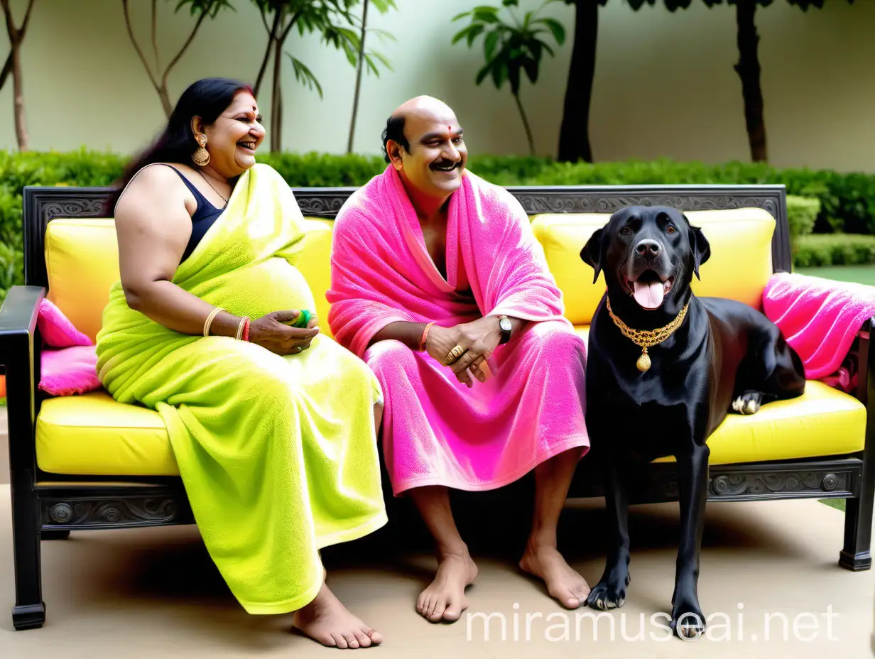 a 23 years indian muscular man with bull head is sitting with a 53 years  indian mature fat 
 pregnant woman  with high volume hair and makeup wearing earrings and gold ornaments   with boob cut style   . both are wearing wet neon lemon pink bath towel and  they are sitting in a luxurious garden court yard on a luxurious colorful sofa ,and are happy and shaming . and Labrador Retriever
Dog breed
 is near them.  . a lot of green mangoes are on sofa , it is night  time and a lots of lights are there.  