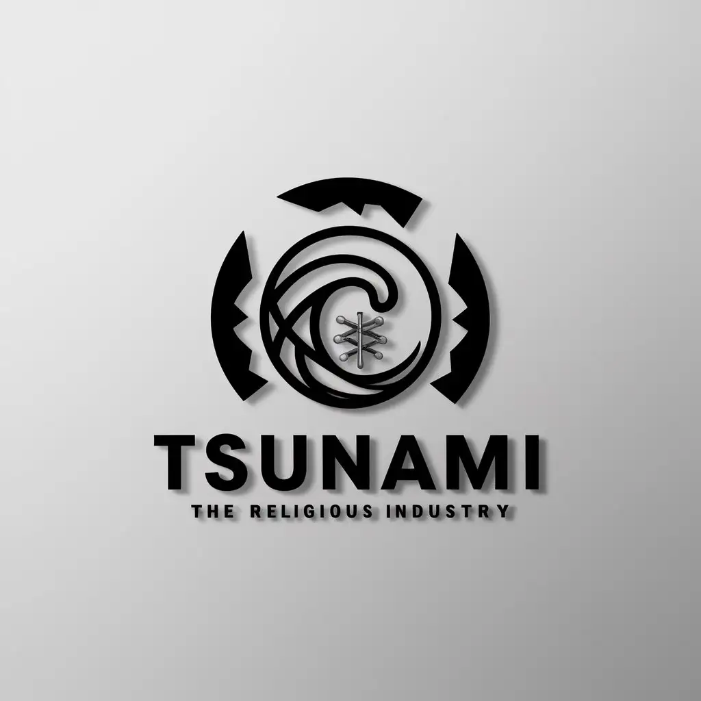 a logo design,with the text "tsunami", main symbol: tsunami, biology, steel nails, blades
(No translation needed as all words are in English),Minimalistic,be used in Religious industry,clear background