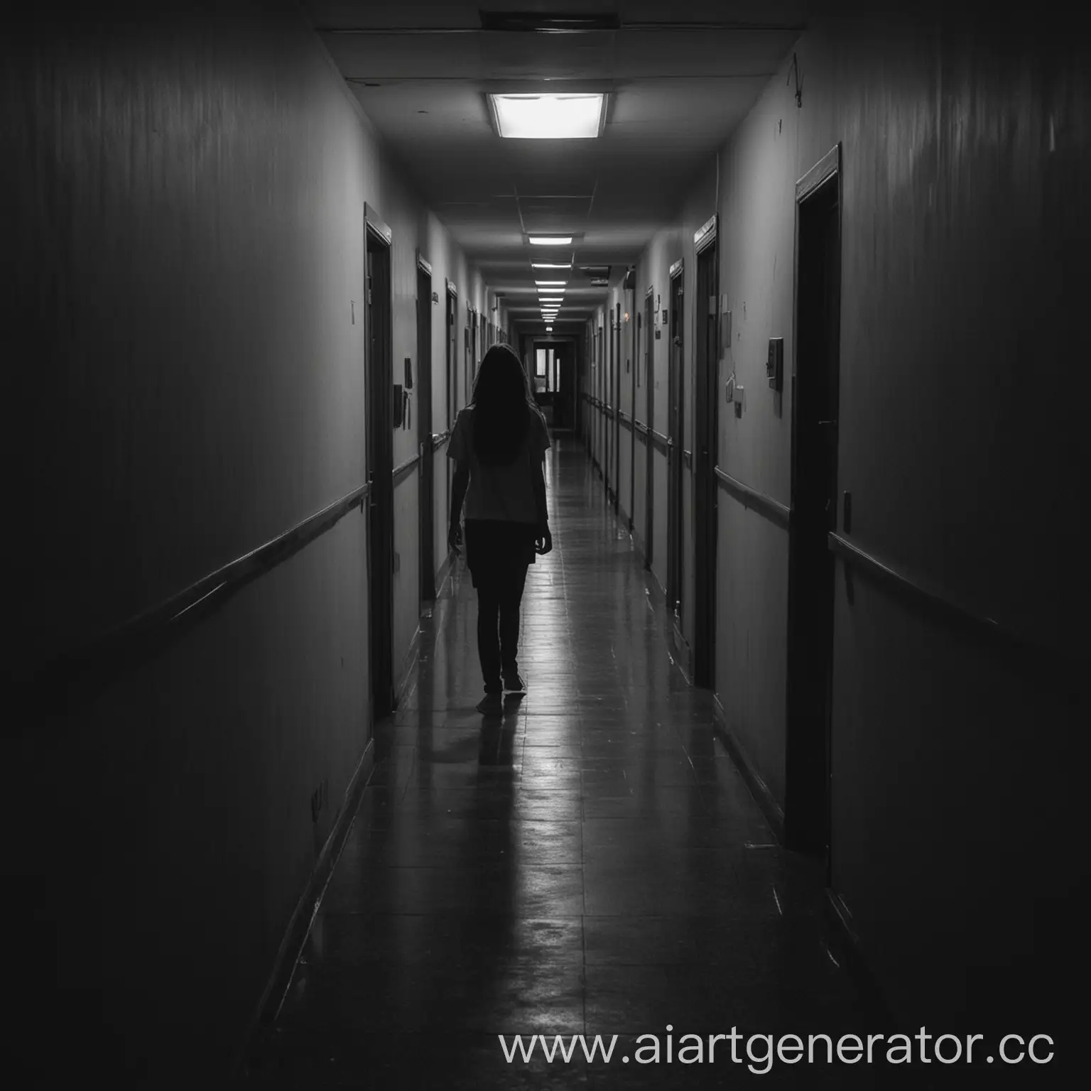 the girl is alone in the dark corridor of the hospital, it is completely dark everywhere and only at the end of the corridor there is light