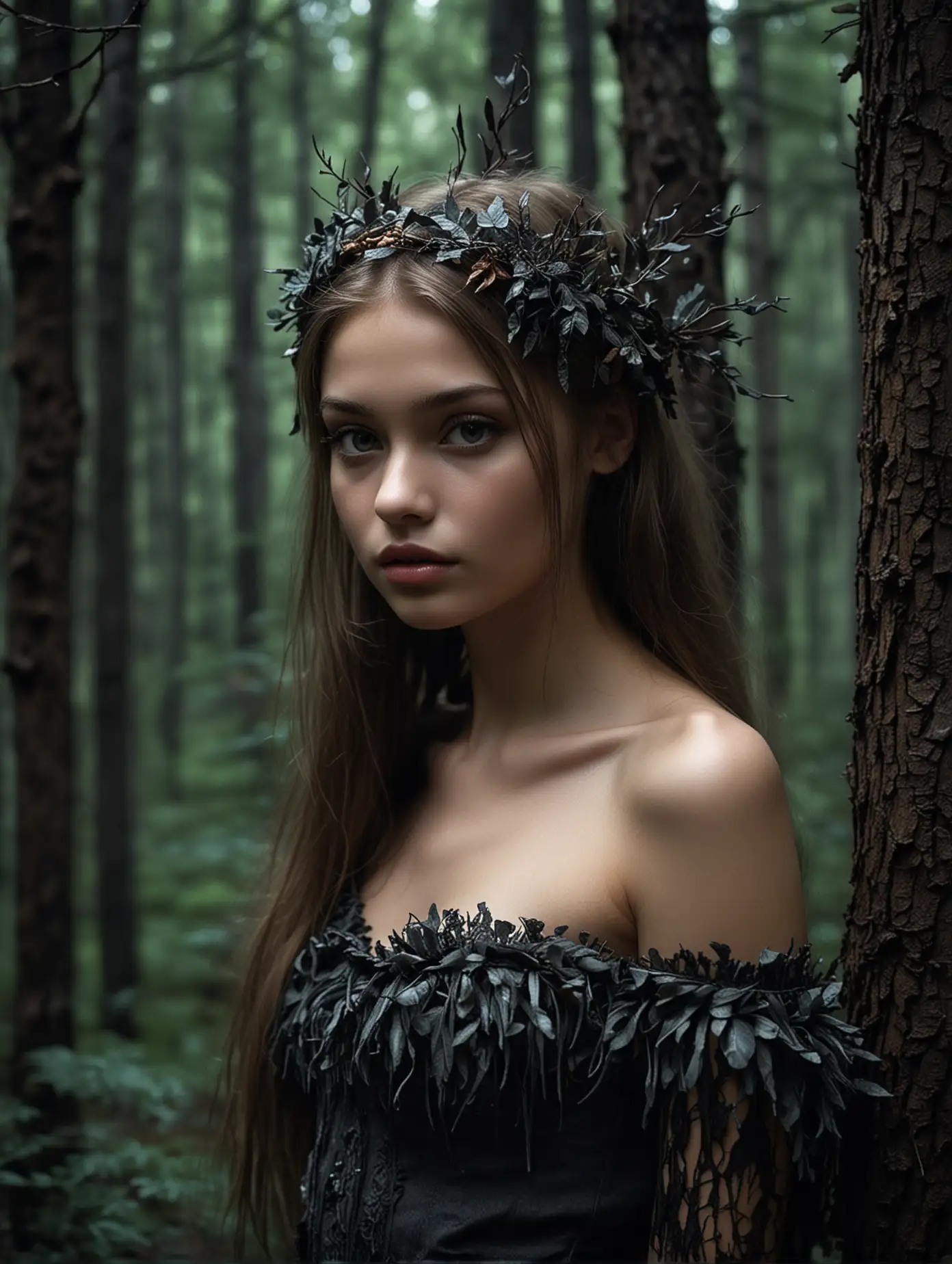 Photo of a beautiful 18 y.o. russian model, an dark forest, dark fantasy theme