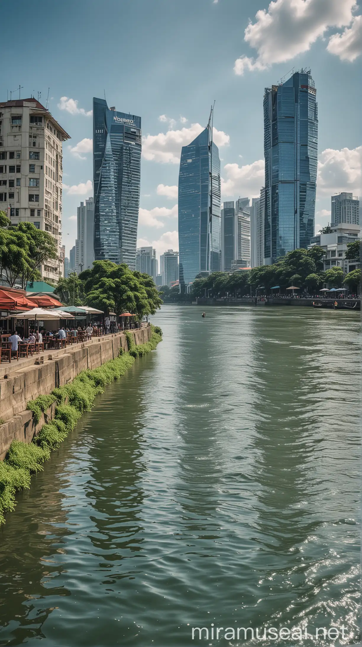 Tranquil Jakarta River with Surrounding Cafes and Skyline