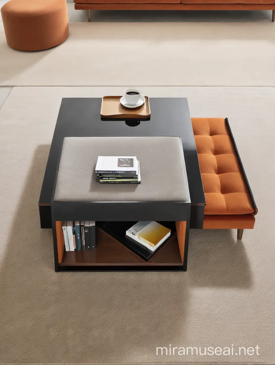 一款无脚落地茶几，旁有一张橙色灯芯绒沙发，浅暖色的灰色陶瓷地板，暖灰色地毯