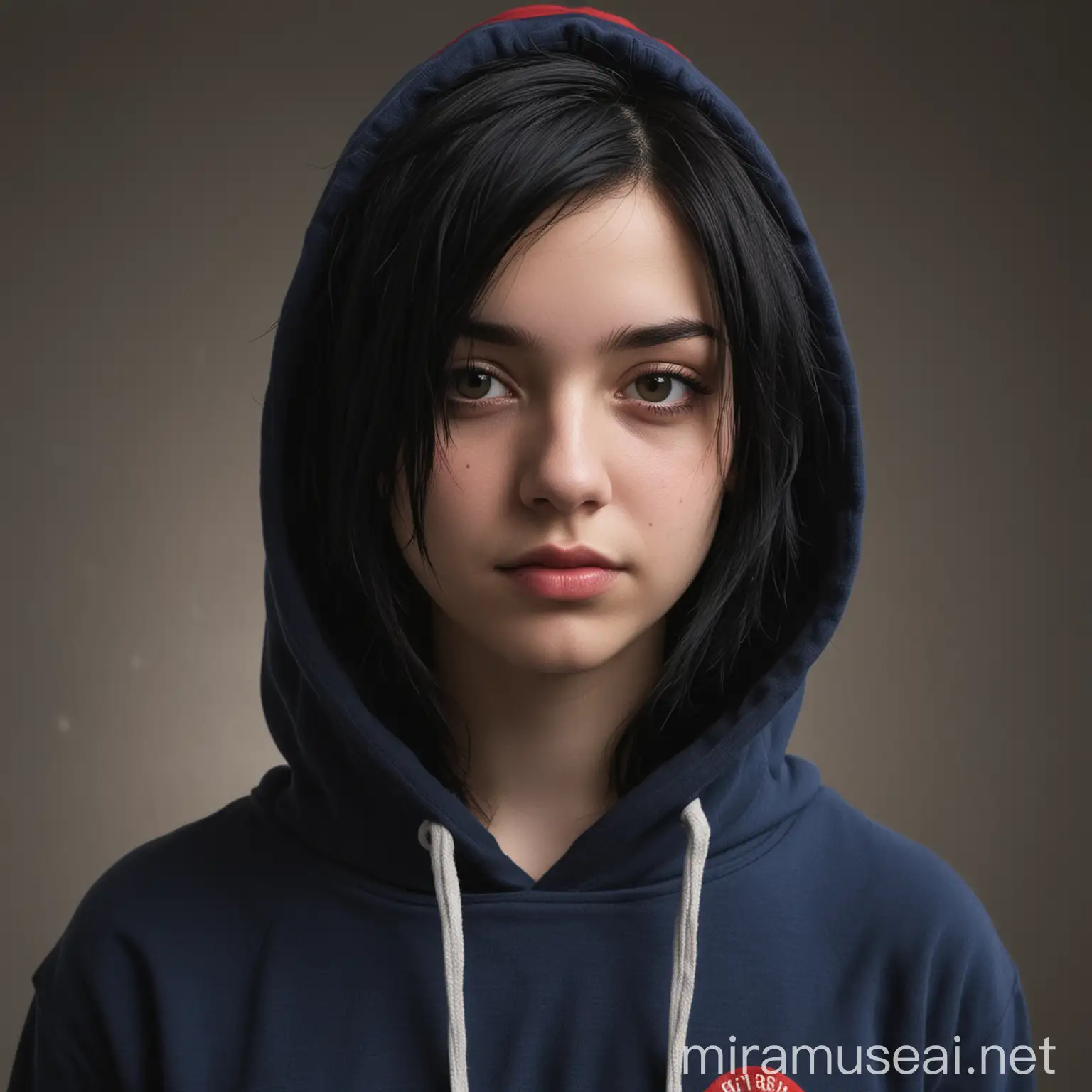 teenager, young, black hair, red patches, dark blue hoodie, hood down, low-key goth aesthetics