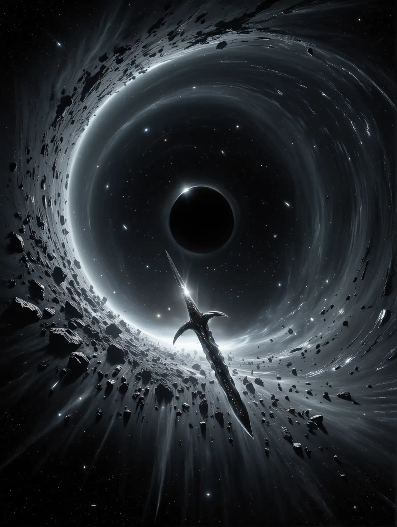 Silver-Sword-Flying-into-a-Black-Hole-in-Space