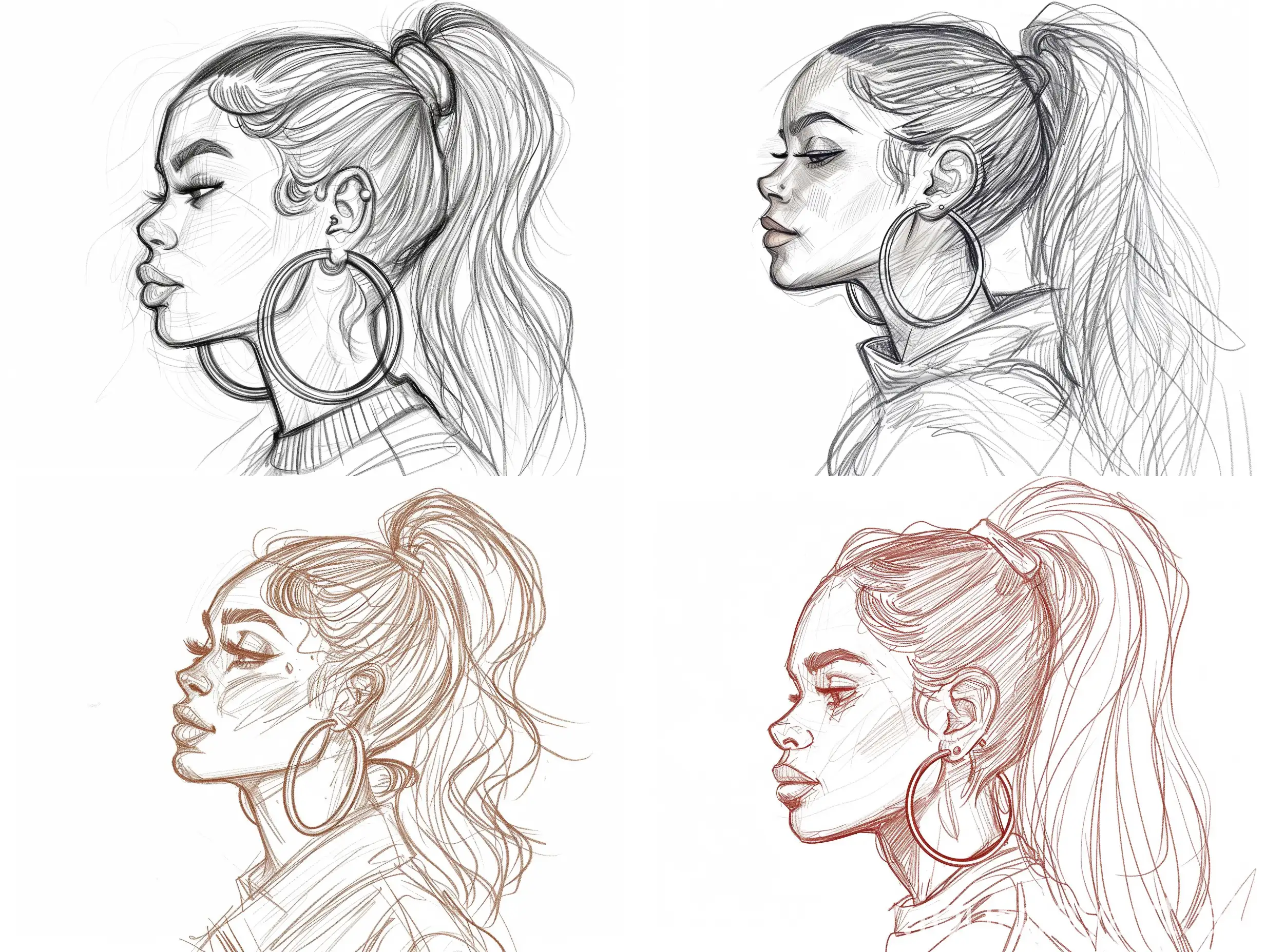 2D Rough digital drawing of profile shot of Latina Woman, hoop earrings, beautiful, pretty, ponytail