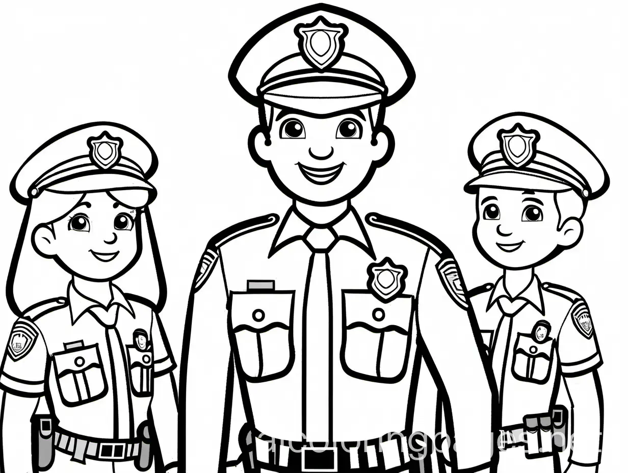 POLICE OFFICER TALKING TO KIDS, Coloring Page, black and white, line art, white background, Simplicity, Ample White Space. The background of the coloring page is plain white to make it easy for young children to color within the lines. The outlines of all the subjects are easy to distinguish, making it simple for kids to color without too much difficulty