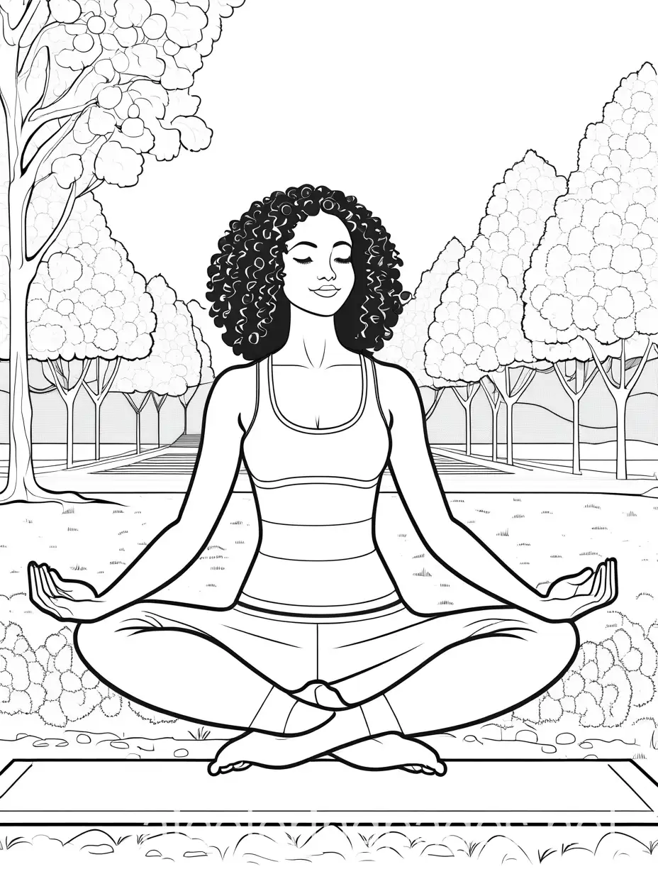 A woman with curly hair yoga instructor leading a class in the park, Coloring Page, black and white, line art, white background, Simplicity, Ample White Space.