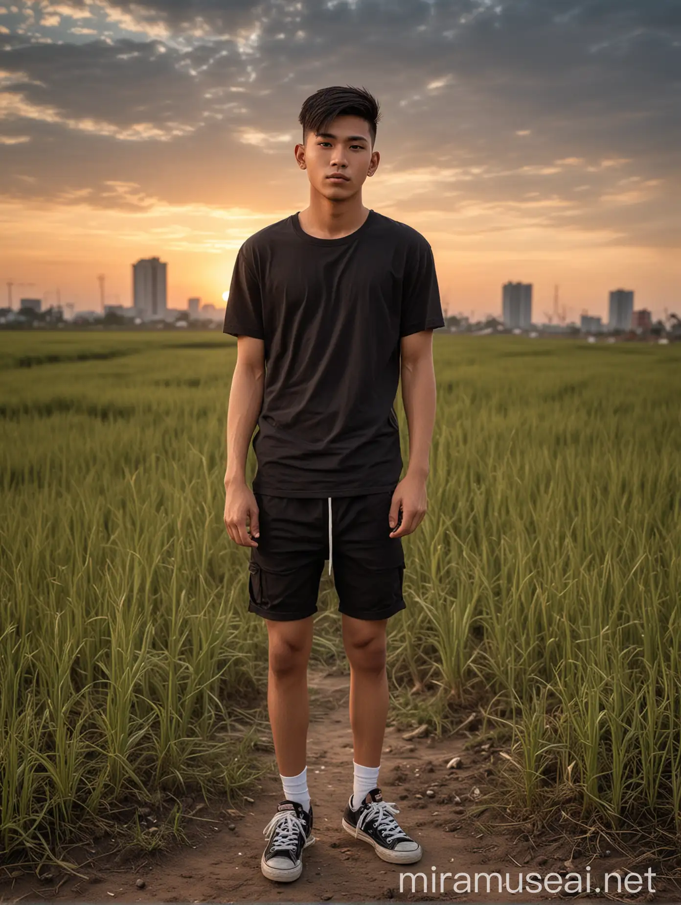 Dynamic realistic photo, thin body, Man 20 years old from indonesia, very short undercut hairstyle,  wearing black t-shirt, short pants, sneakers shoes, sunrise vibes at field, real photo