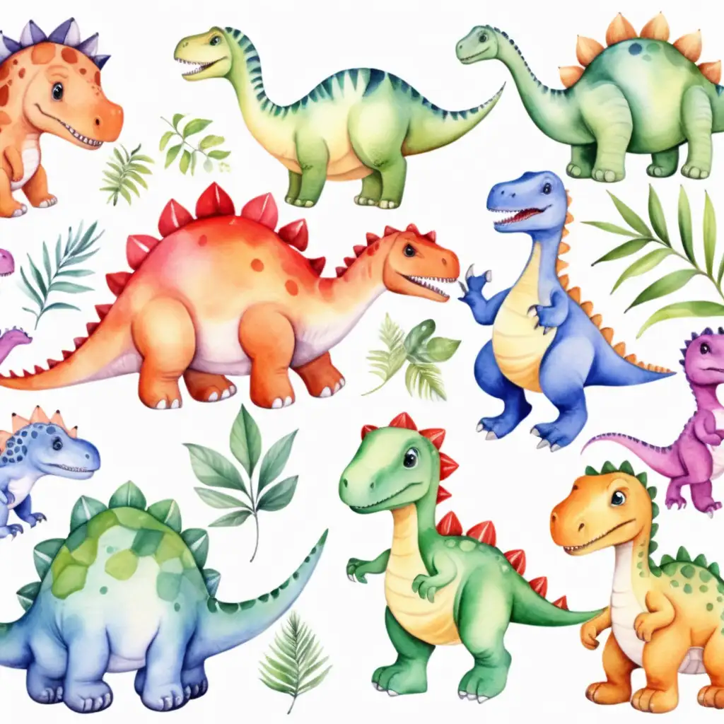 Watercolor Clip Art of Playful Dinosaurs for Childrens Projects