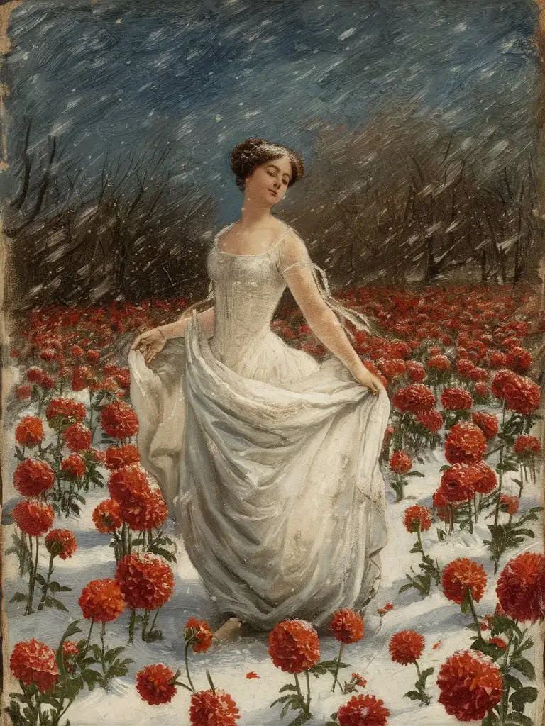 Winter Scene Woman in White Dress Among Red Dahlias