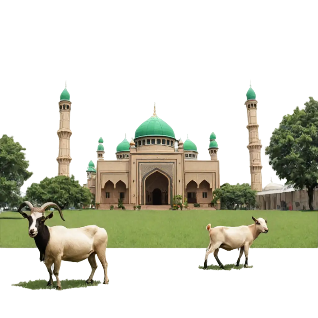 A beautiful Mosque with goats and cows on the lawn