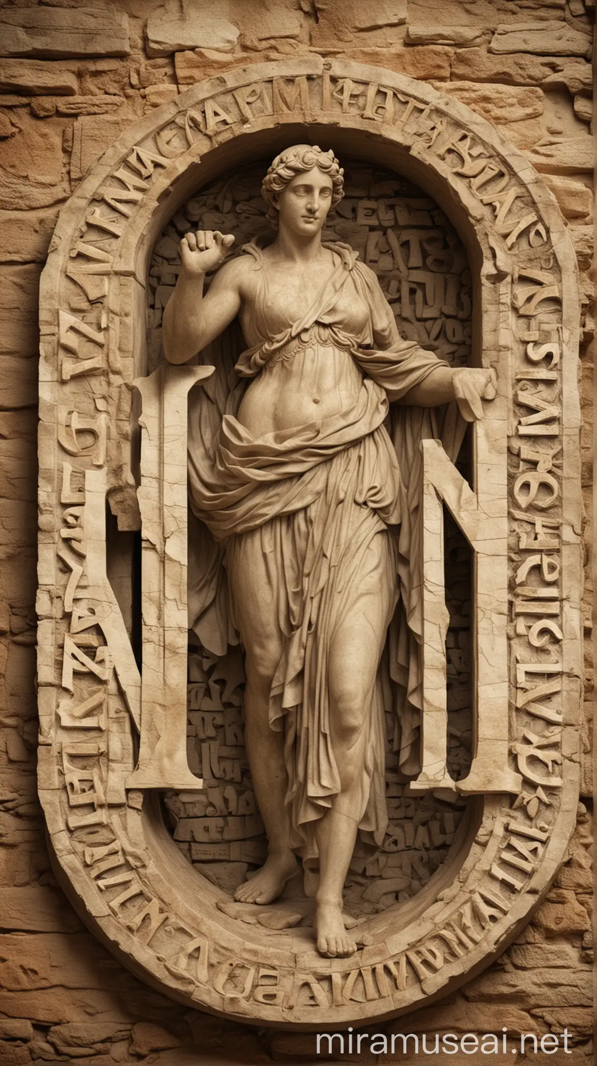 Create an image depicting the etymology of the name 'Amplias,' highlighting its Latin origin. Show the word 'Amplias' evolving from 'Ampliatus,' with visual elements representing the meaning 'enlarged.' Use classical Roman lettering and subtle historical context in the background."In the ancient world 