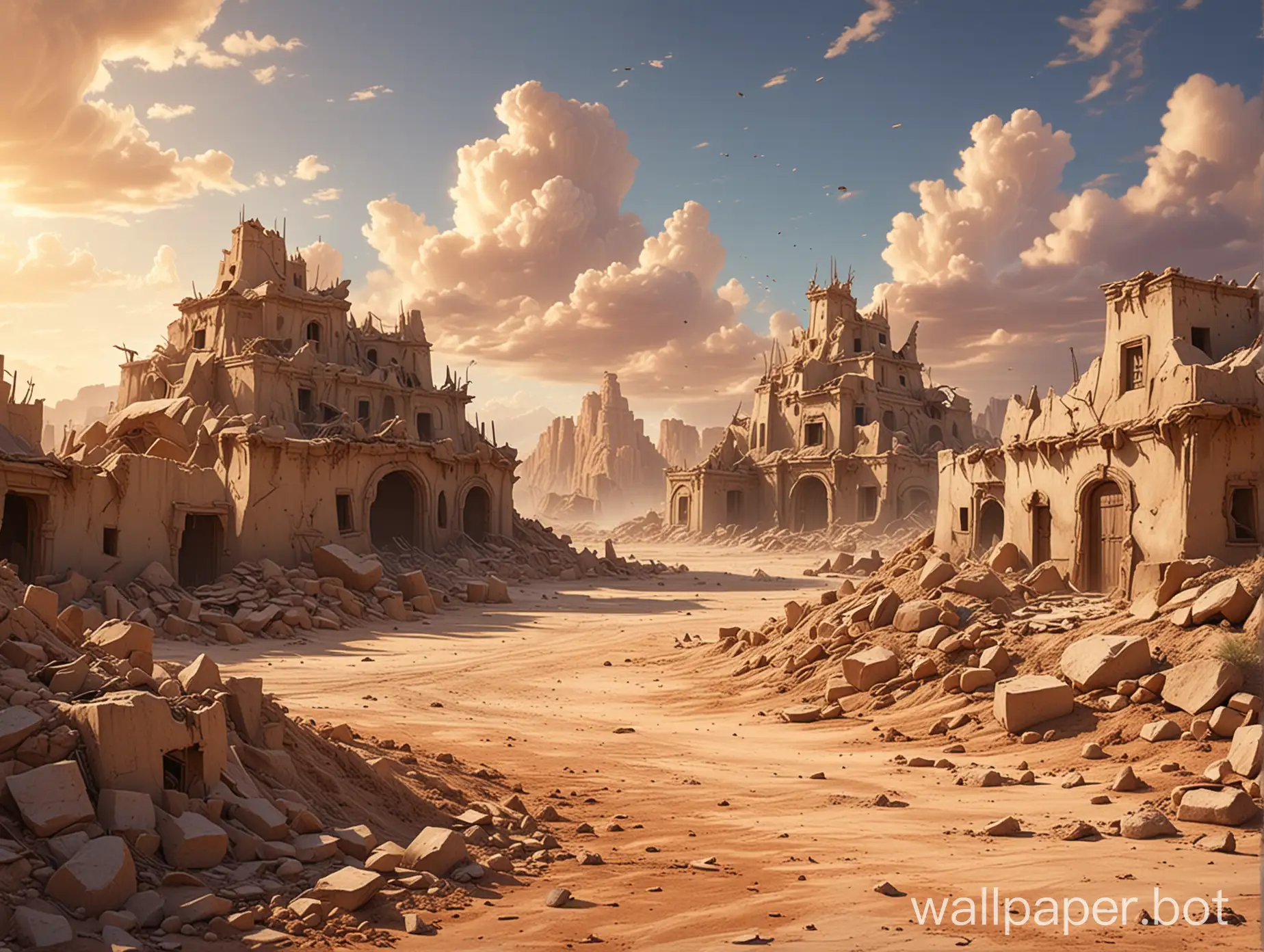 Fantasy desert land with huge pile of demolished sand buildings fully destroyed in the back and plain ground in front, beautiful sky, realistic and highly detailed, Disney style, Pixar style.
