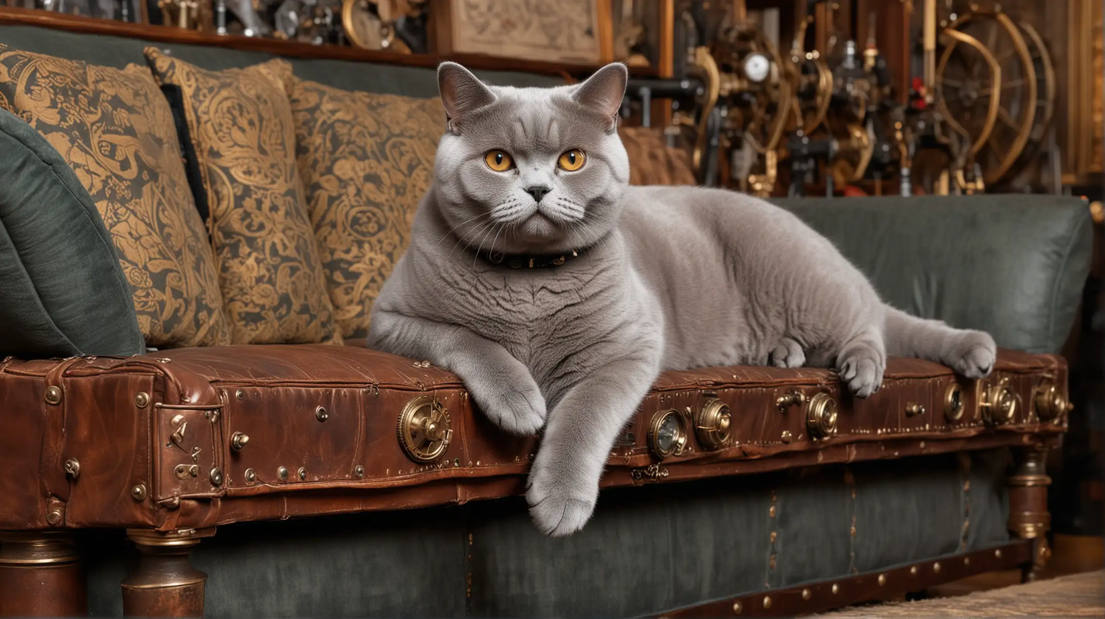 British Shorthair Cat Relaxing in Steampunk Living Room