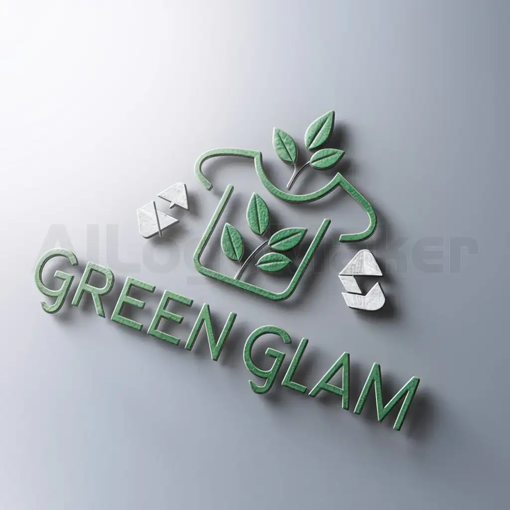 a logo design,with the text "GREEN GLAM", main symbol:ECOLOGICAL CLOTHING COULD BE A SHIRT AND A PLANT OR THE RECYCLING SYMBOL,complex,be used in Others industry,clear background