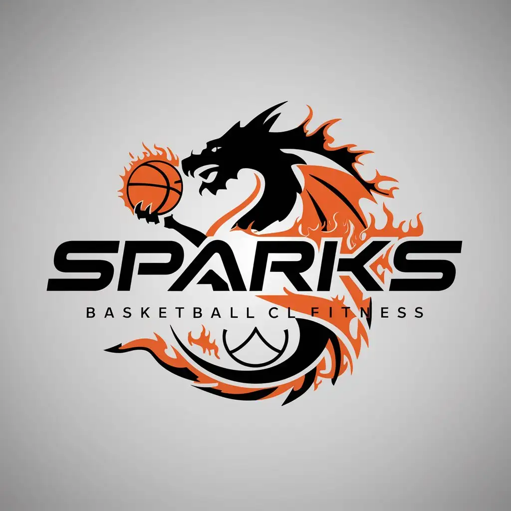 a logo design,with the text "sparks", main symbol:dragon, basketball, fire,Moderate,be used in Sports Fitness industry,clear background