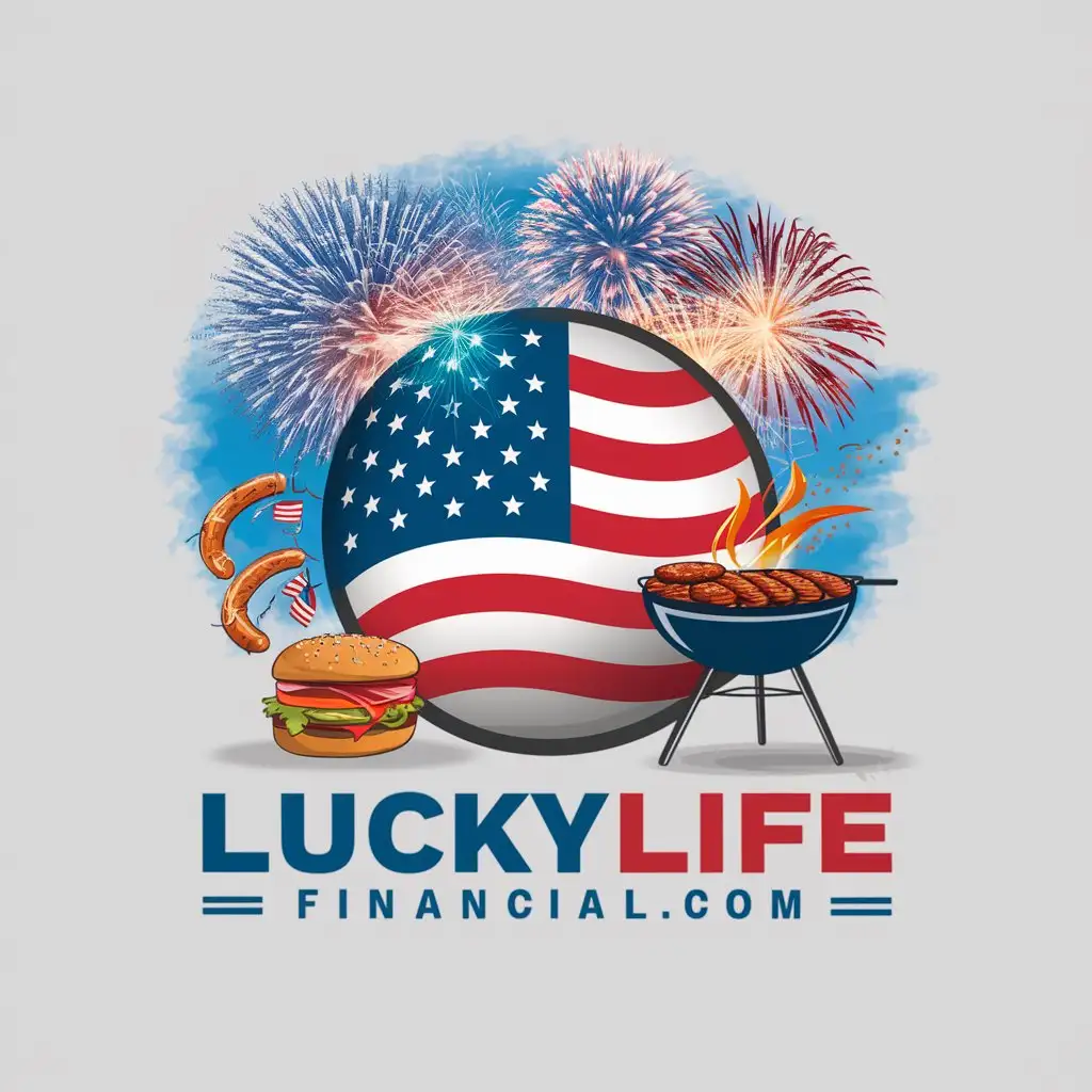 a logo design,with the text "Www.luckylifefinancial.com", main symbol:American flagnFireworksnBbq,complex,clear background