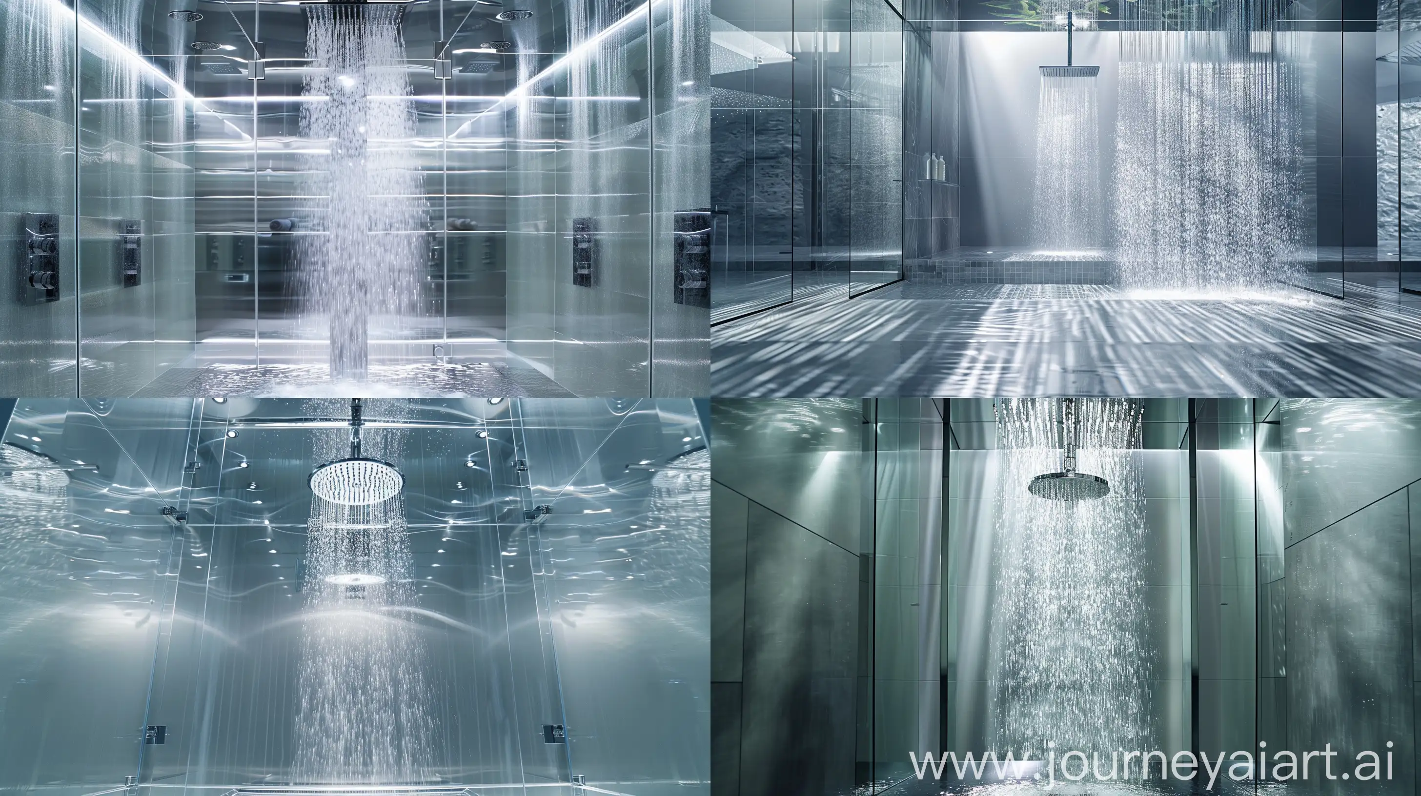 A high-resolution photograph capturing a modern shower cabin with a tropical rain shower head. The sleek design of the cabin features transparent tempered glass walls and chrome fixtures. The tropical shower head, positioned centrally, emits a refreshing cascade of water, creating a luxurious spa-like experience. The image showcases the advantages of combined bath and shower units, including convenience, space-saving design, and a wide range of functional capabilities. The clean, minimalist composition emphasizes the functionality and elegance of the shower cabin, while the play of light and water adds a sense of relaxation and tranquility to the scene.  --ar 16:9 