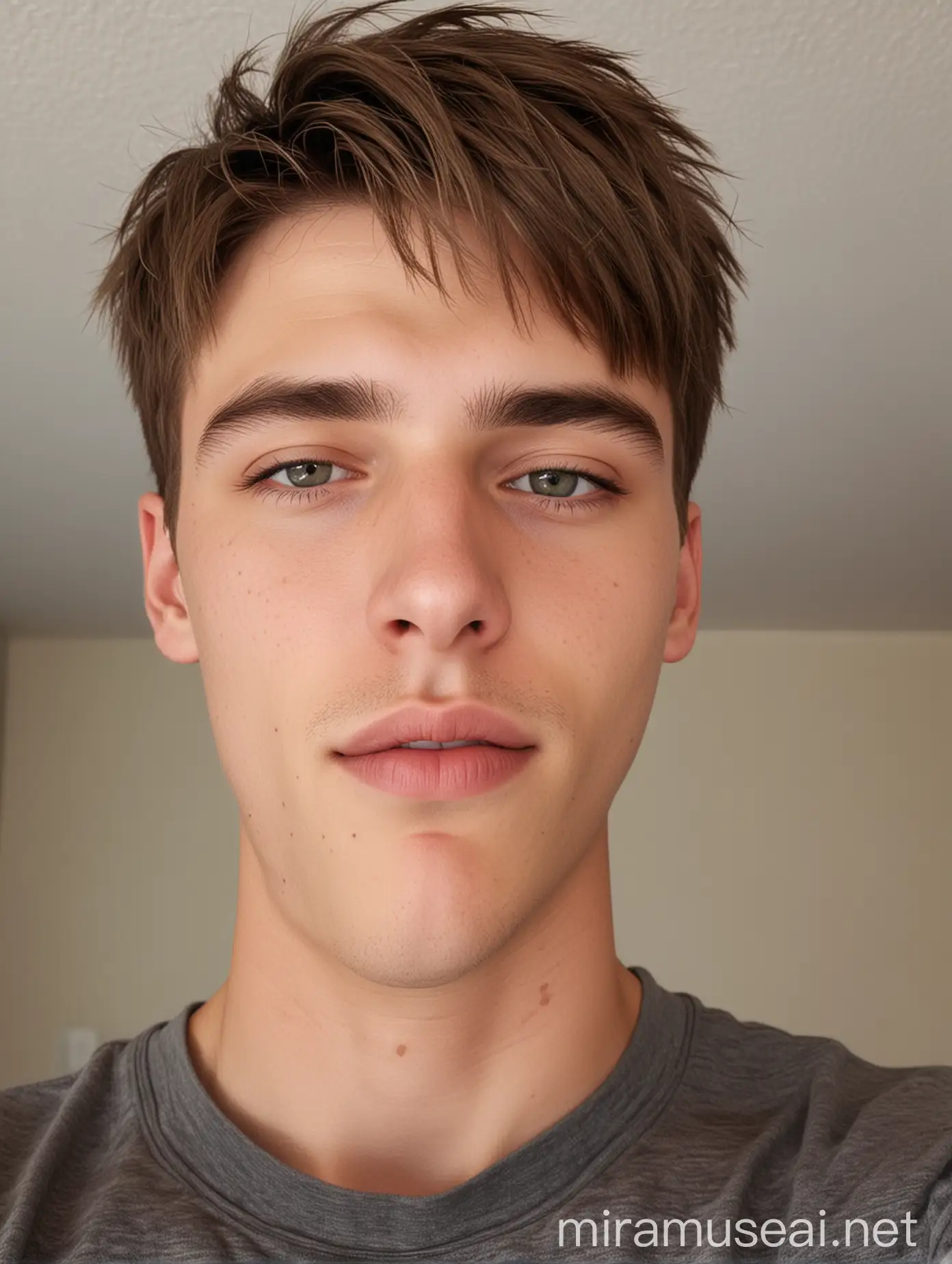 photo of young adult teen male, taking a selfie, 4K, fringe, tapered sides, fair complexion, full lips, selfie, natural lighting, clear shadows and highlights, realistic, highly detailed