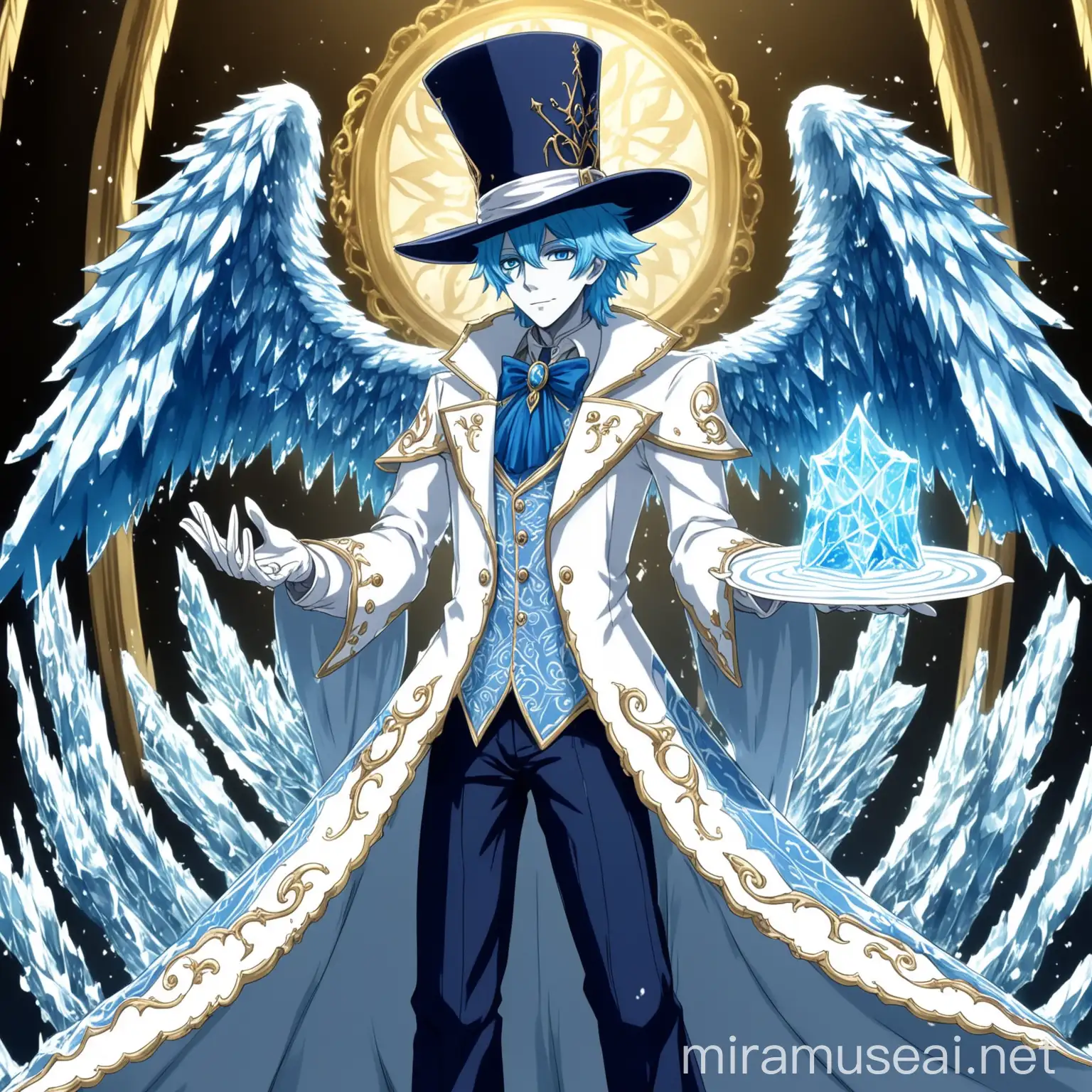 A (((half elemental creature of ice))), its other half representing an ethereal ((angel)), serving as the regent of a (((Gothic Fantasy Magician Academy))). He is garbed in an elegant (((white and light blue magician's dress))), accessorized with a matching magician's hat. in anime