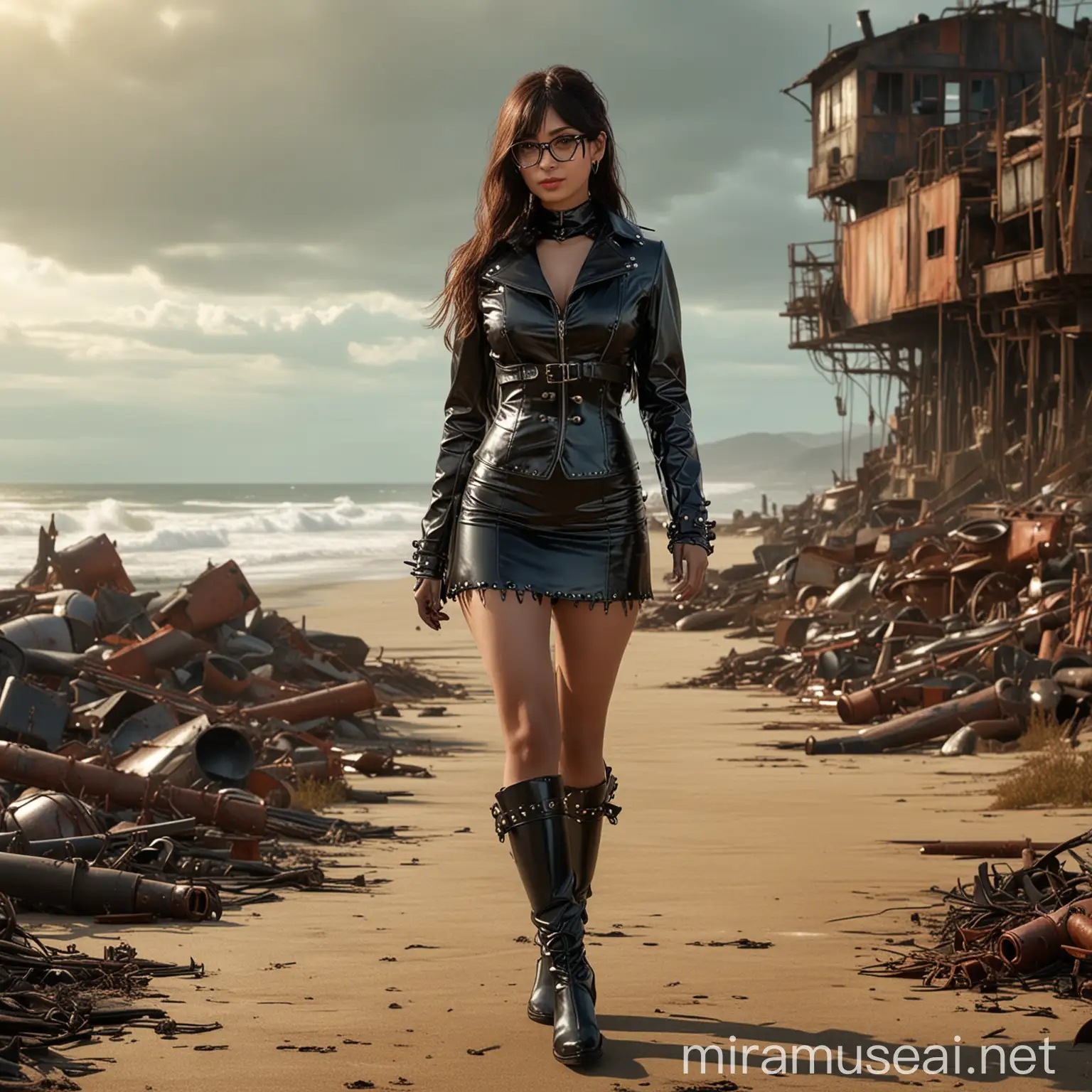 Richard, a man was playing Fallout on his PC when he pressed the button he appeared in the game in Santa Monica State Beach and transformed into a woman, daughter of Mia Khalifa and Hitomi Tanaka, wearing a latex corset, ((latex miniskirt) ) , ((high-heeled boots above the thigh)), long sleeveless latex gloves ((open jacket with spikes)) large round glasses and latex earrings, Fallout World Steampunk, Aiko has a striking appearance, combining latex elements of his two famous mothers. She inherited Mia Khalifa's expressive and captivating eyes, while her curvaceous and voluptuous figure is reminiscent of Hitomi Tanaka. Her hair is long and silky, with a dark brown tone that stands out in the sun. She has an imposing and confident presence, but also radiates an aura of elegance and charm with a beautiful smile, as she walks sensually towards the camera showing her entire body, in a setting destroyed by radiation, all rusty and full of metal, with the sea in the background, epic masterpiece, cinematic experience, 8k, fantasy digital art, HDR, UHD. This contrast between the fantastical character and the more traditional color scheme and elements gives the piece an intriguing narrative quality. The model is sitting cross-legged on the sand in a sexy position looking
to the camera. old junkyard,,((wearing a latex backpack))Full body 