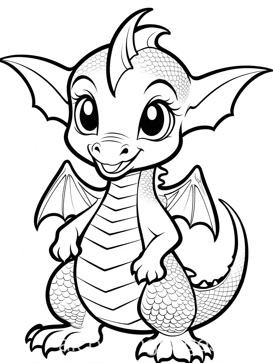 cute baby dragon tattoo design, big scales on its body and head, making it simple for kids to color without  difficulty. Coloring Page for kids, black and white, line art, white background, Simplicity, Ample White Space. The background of the coloring page is plain white to make it easy for young children to color within the lines. The outlines of all the subjects are easy to distinguish, making it simple for kids to color without too much difficulty