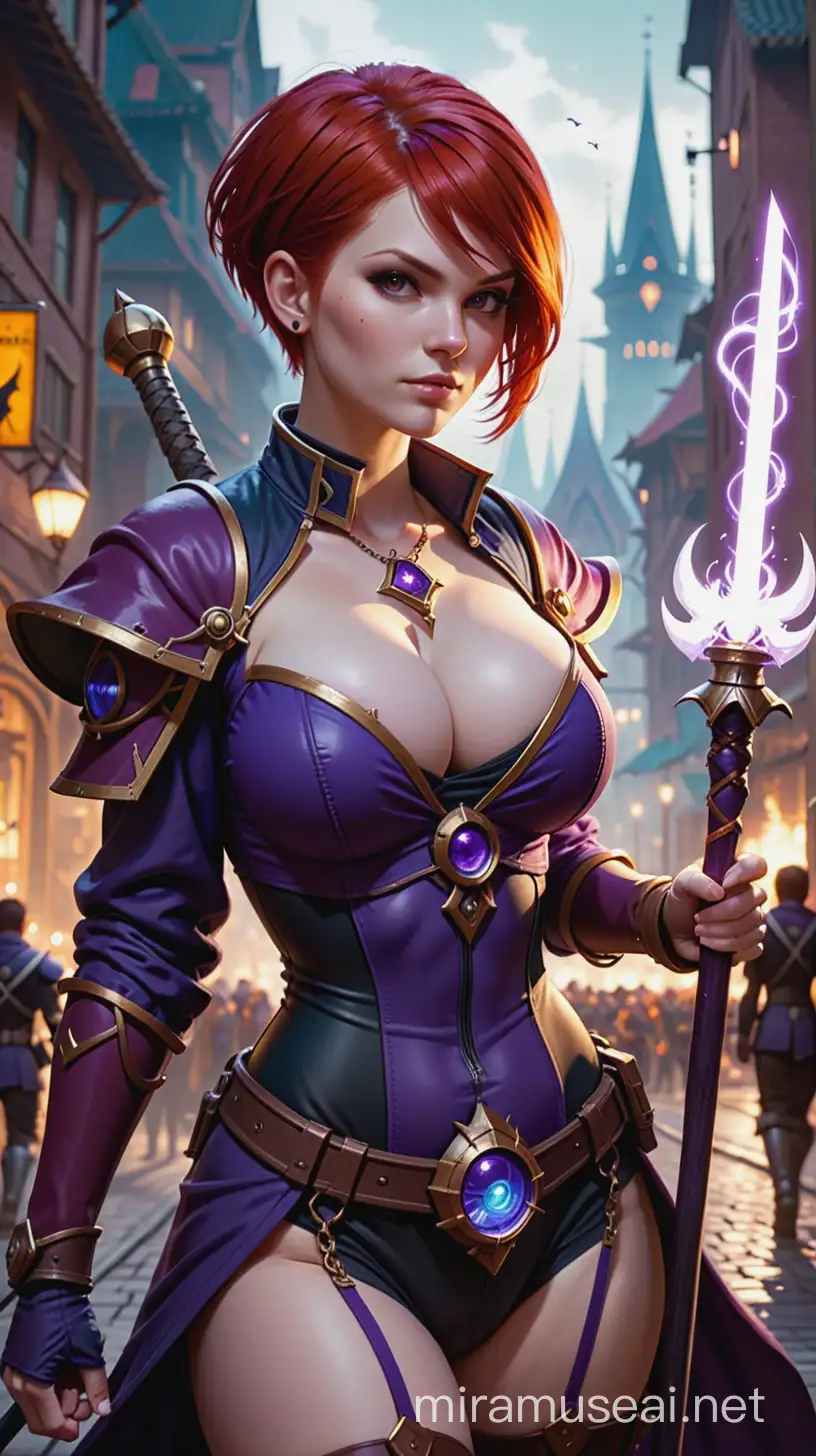 warhammer 40k, psyker, female, red hair, pixie cut, short hair, holding magic staff, warhammer 40 city background, dark purple clothing, large breasts, cleavage, no makeup