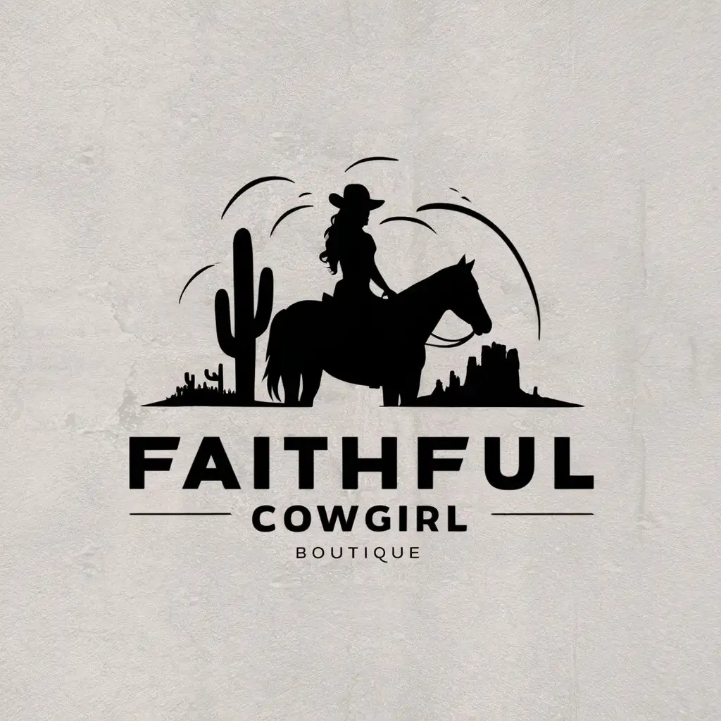 a logo design,with the text "Faithful Cowgirl Boutique", main symbol:cowgirl, cowboy hat, horse, cactus, western, retro,Minimalistic,clear background