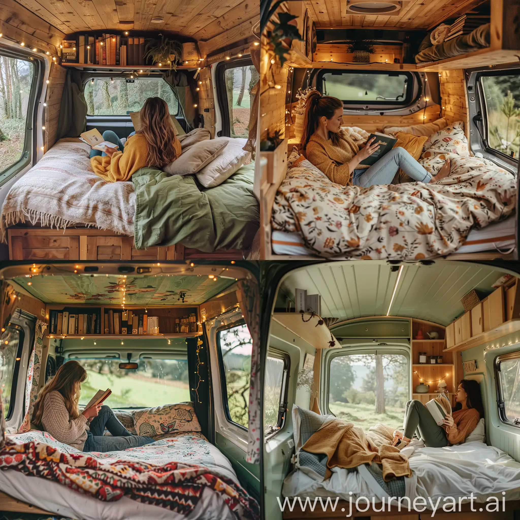 Cottage-Core-Campervan-Woman-Reading-in-Countryside-Retreat