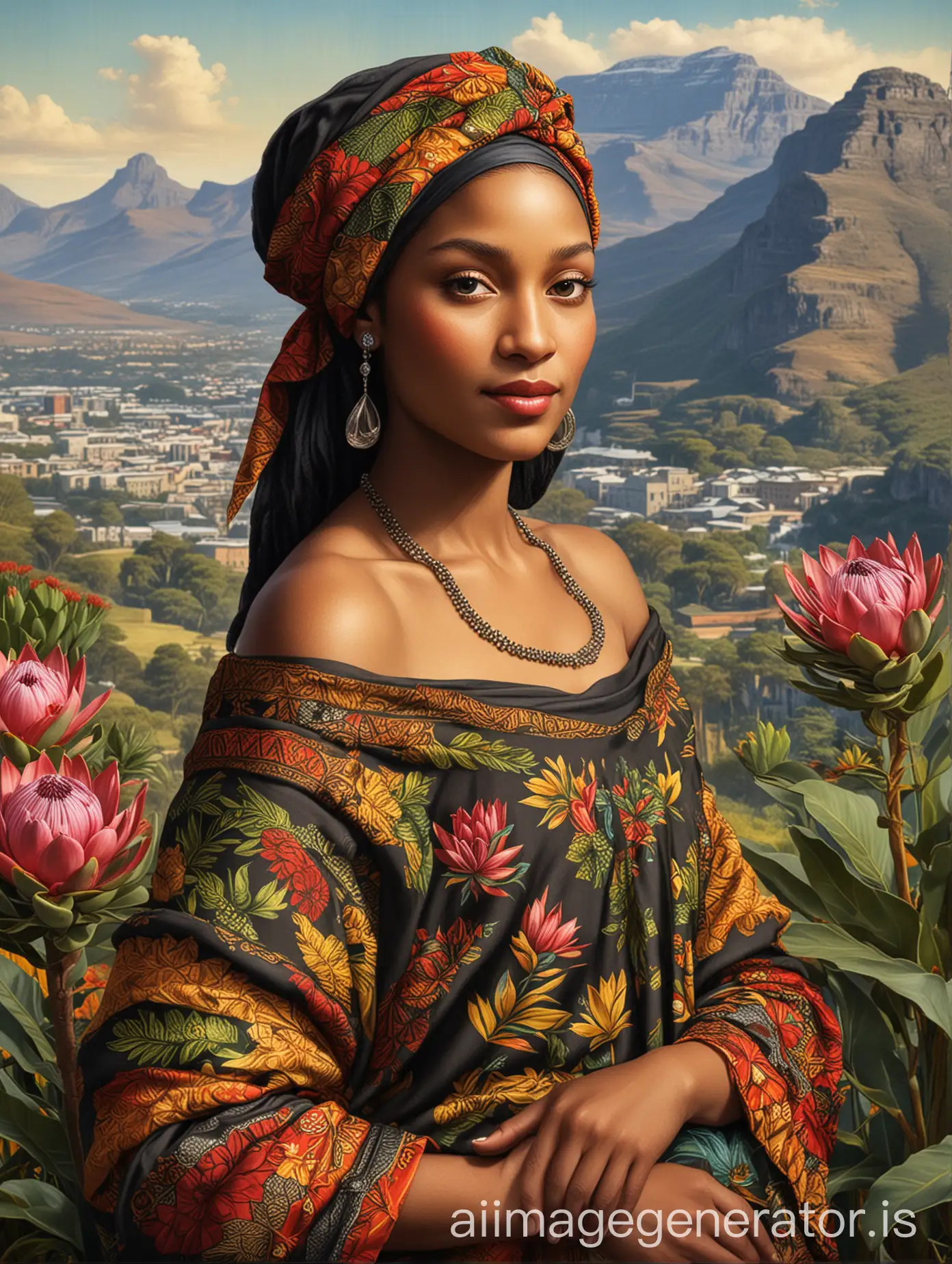 make a rendition of the mona lisa painting where the mona lisa is a traditional african black woman with bright african patterned clothes and a headwrap holding protea flowers and table mountain in the background