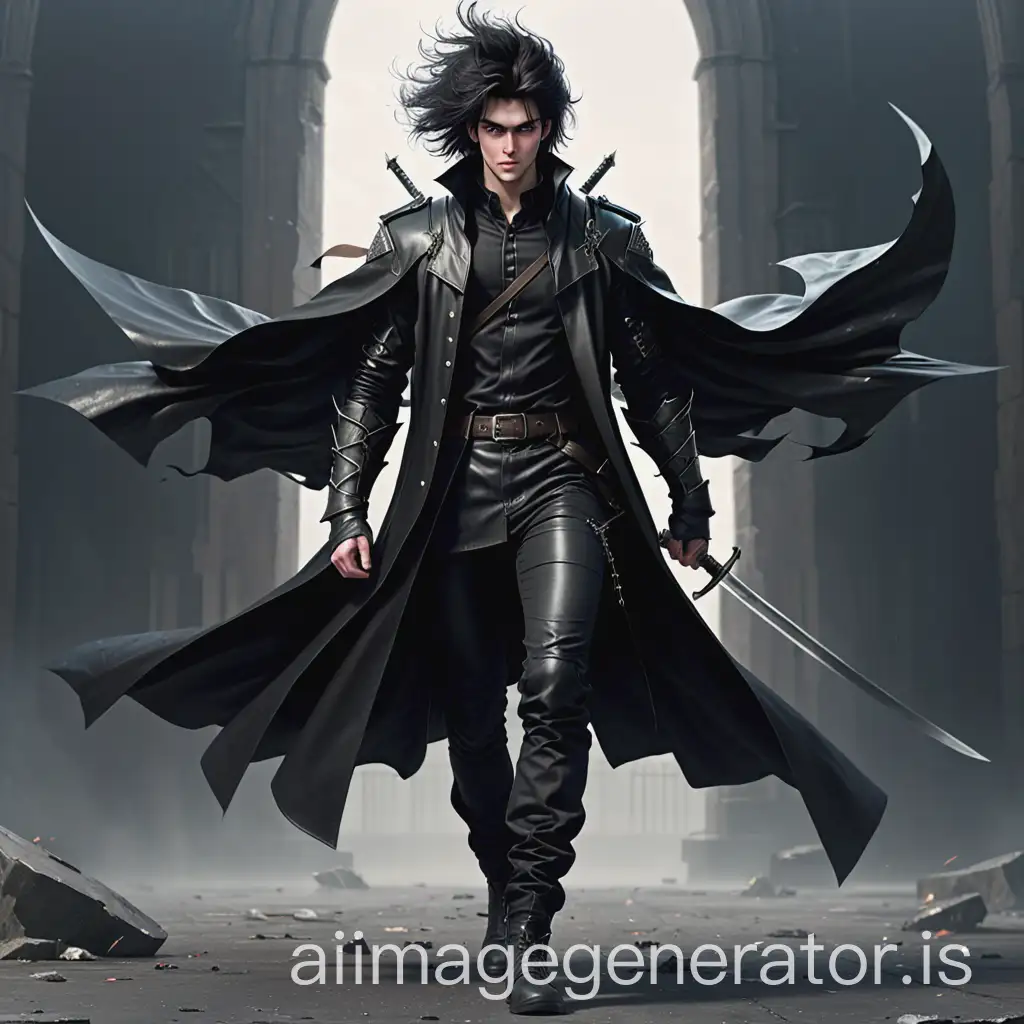 Mage. 1,70 meters tall. 78 Kilograms. Shield in back. Black leather coat. Black trousers. Two swords Flying in the background. Black hair. Messy hair. 24 years old. Full body. Male