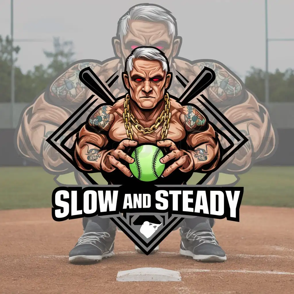 a logo design,with the text "Slow and Steady", main symbol:Tough old man with tattoos  Softball in his hands with rings on fingers Gold chains Red eyes Faint baseball diamond background,Moderate,be used in Sports industry,clear background