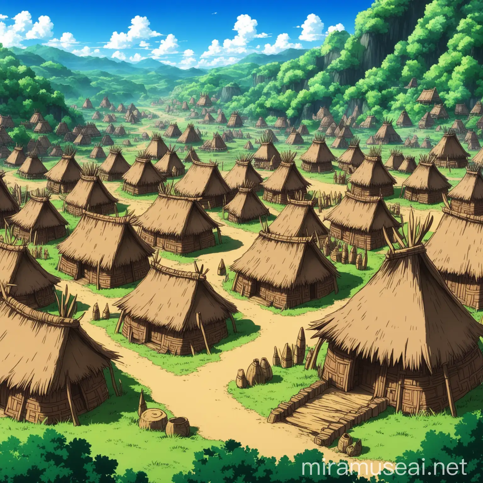a fantasy tribal village, in anime