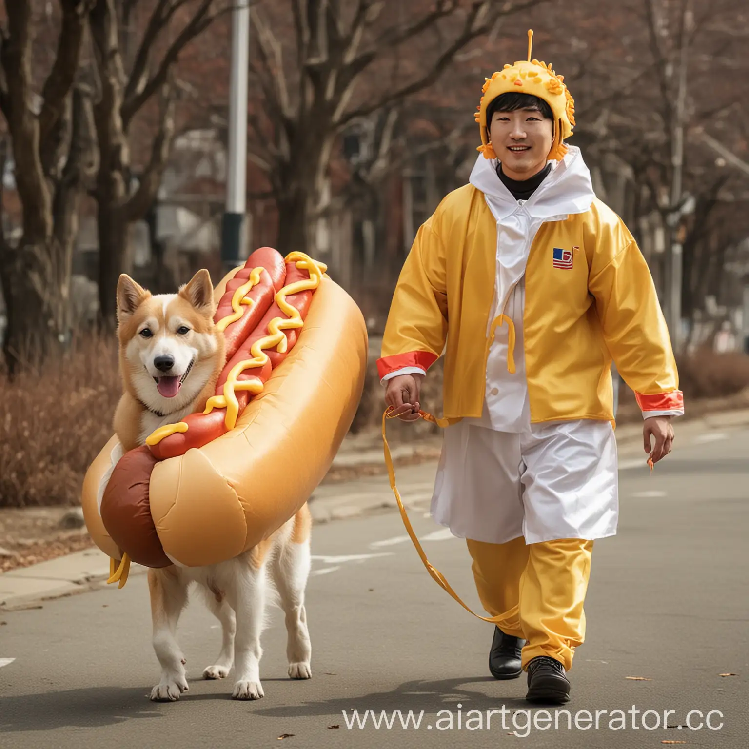 Изобрази довольного корейца в костюме хот-дога, который выгуливает свою собаку, которую потом съест