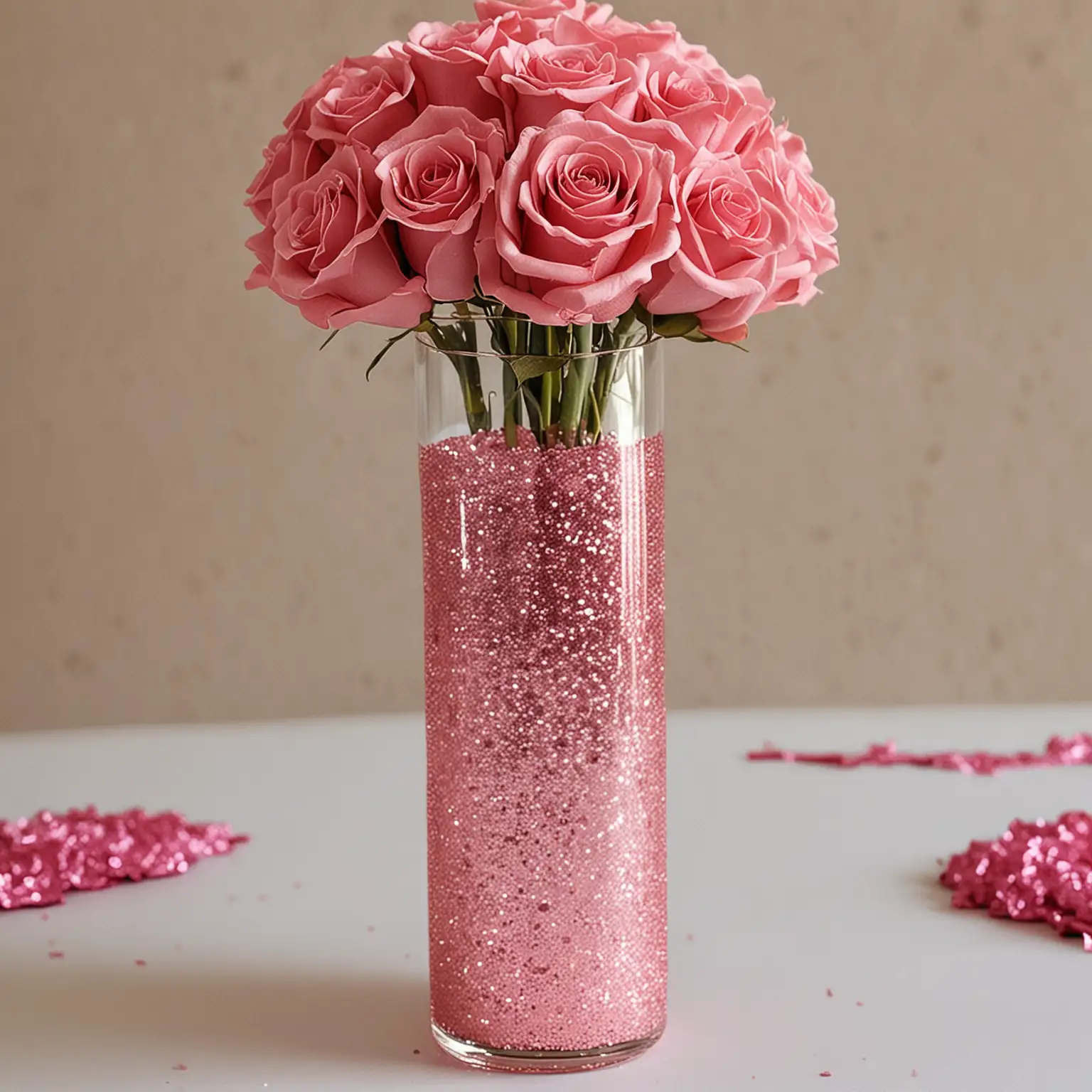 simple cylinder glass vase wedding centerpiece DIY decorated with champagne and rose pink colored glitter