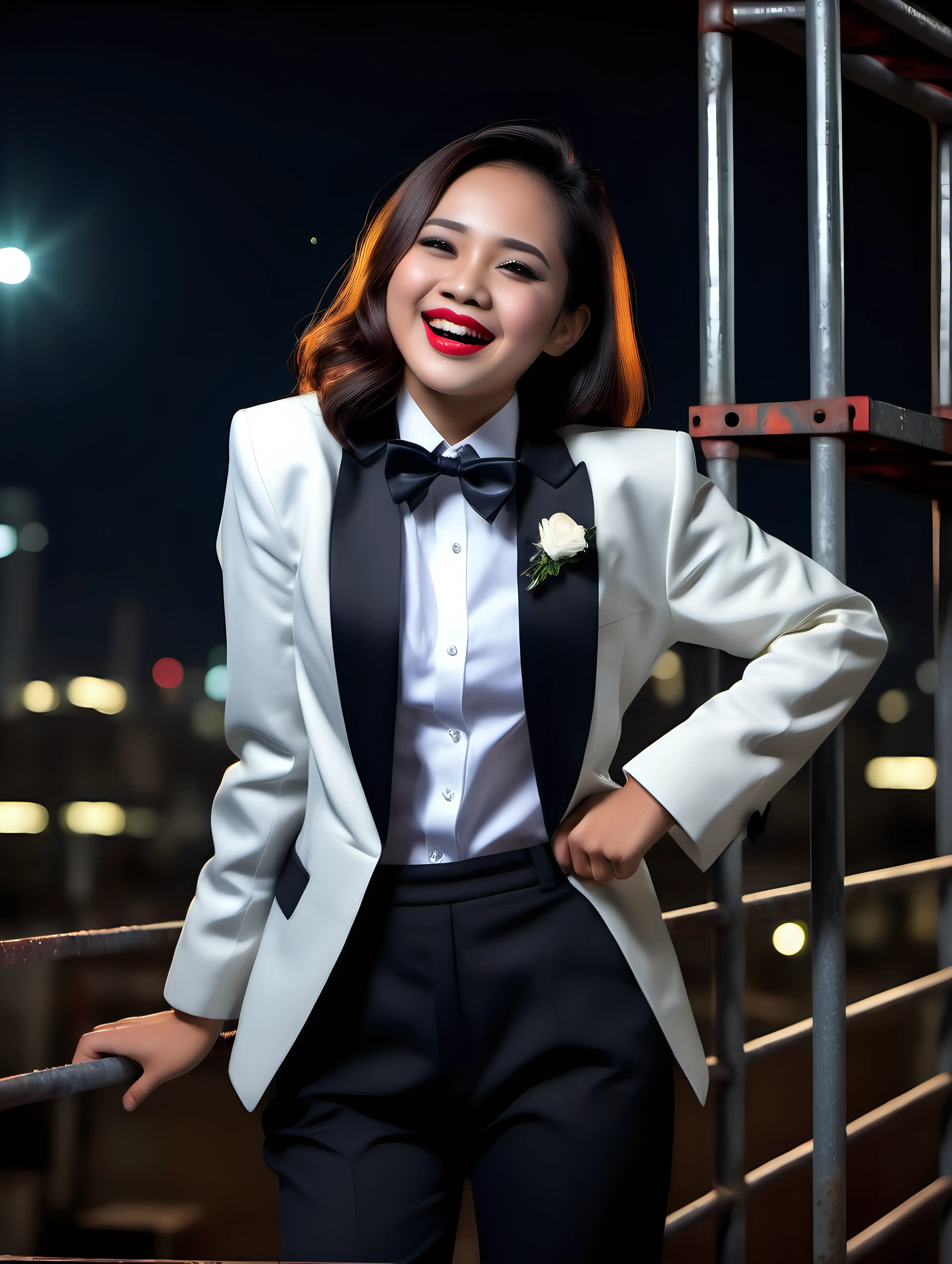 A stunning and cute and sophisticated and confident indonesian woman with shoulder length hair and red lipstick wearing a tuxedo with a white shirt with cufflinks and a (black bow tie) and (black pants), standing on a scaffold facing forward, laughing and smiling.  She is relaxed. It is night.  Her jacket is open.  Her jacket has a corsage.